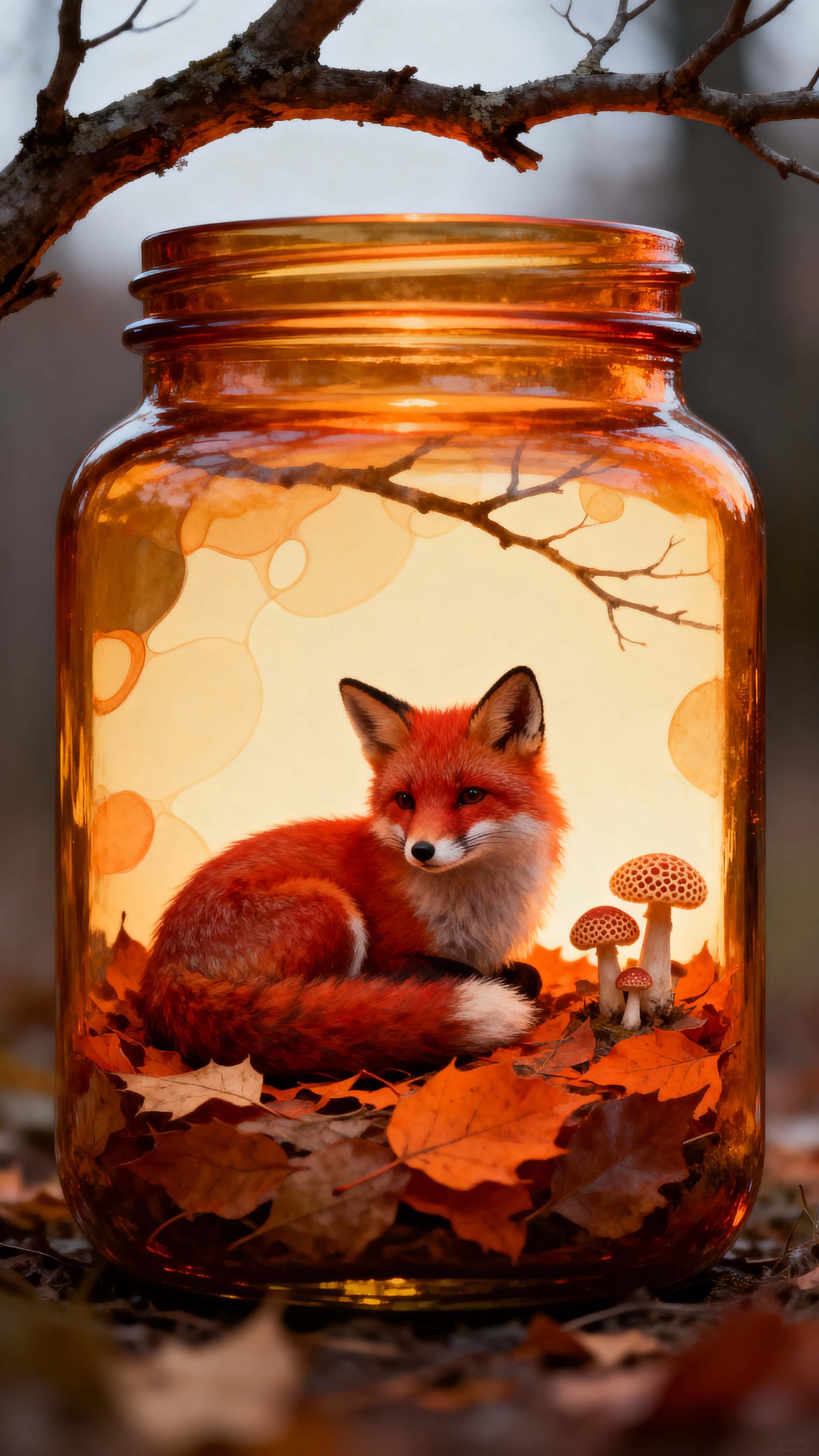 A tiny red fox curled on a bed of orange leaves with small mushrooms and a bare branch arching above, all contained within a warm amber glass jar framed for a tall portrait crop.