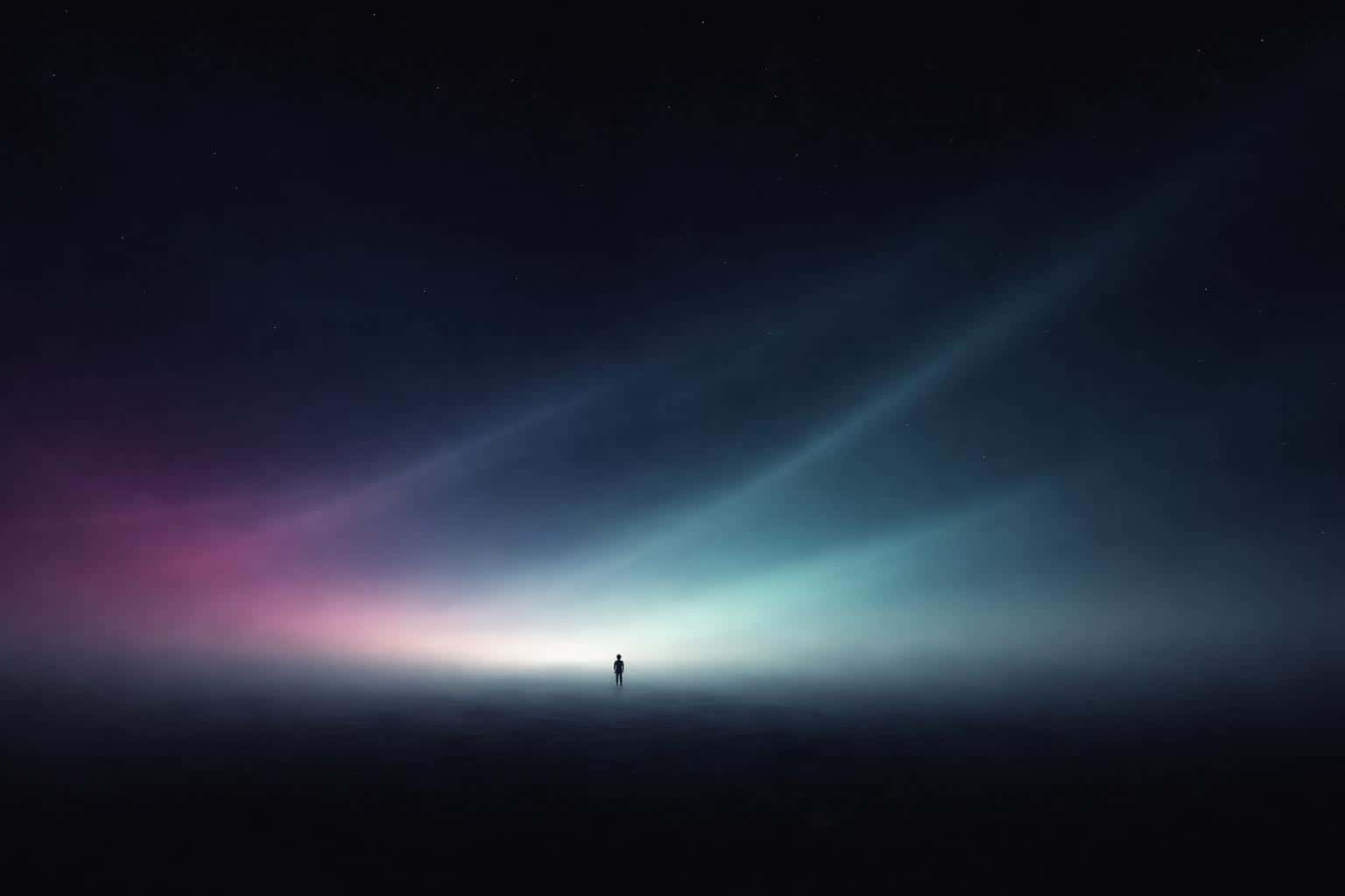 Wide 3:2 desktop wallpaper with a tiny featureless silhouette on a low fog horizon, a deep navy-black field, diagonal magenta-to-cyan glow bands and subtle film grain.