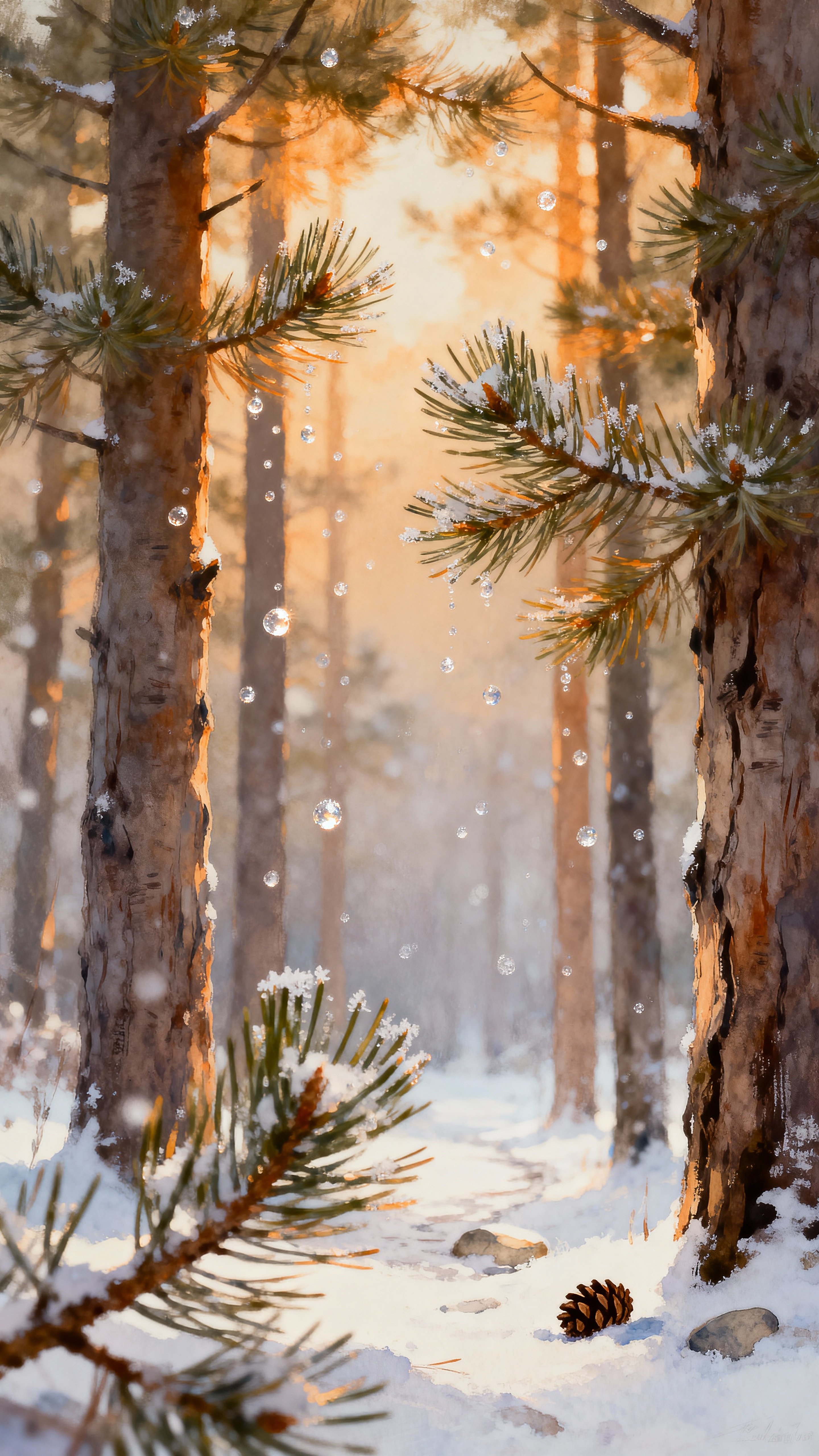 A tiny vertical forest scene framed for a 9:16 crop, where pine saplings glitter with suspended snow particles and soft amber light warms the cold air around a narrow clearing.