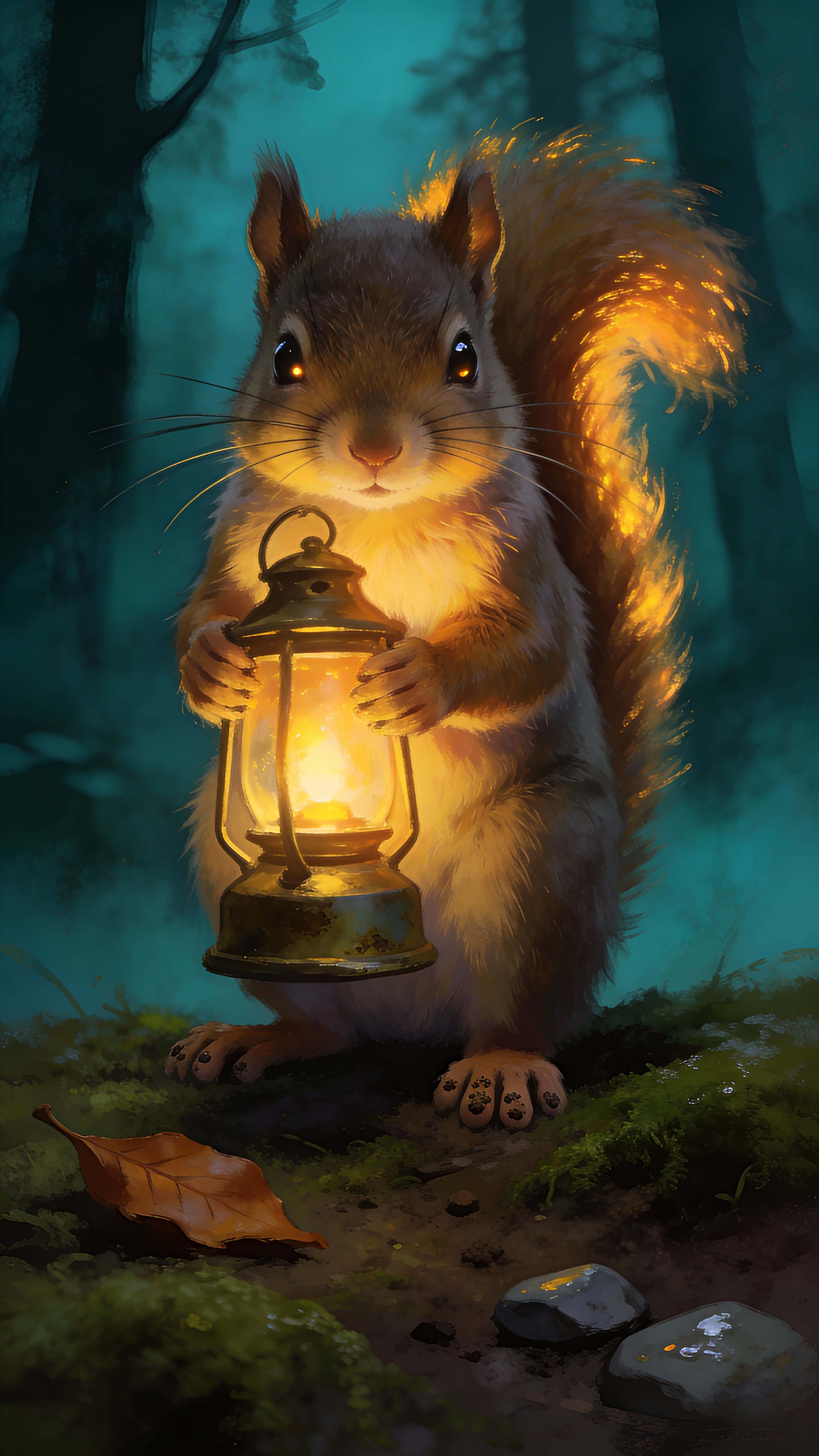 Photorealistic portrait of a tiny squirrel clutching a warm glowing lantern in a deep-teal misty forest, soft atmospheric depth and realistic textures.