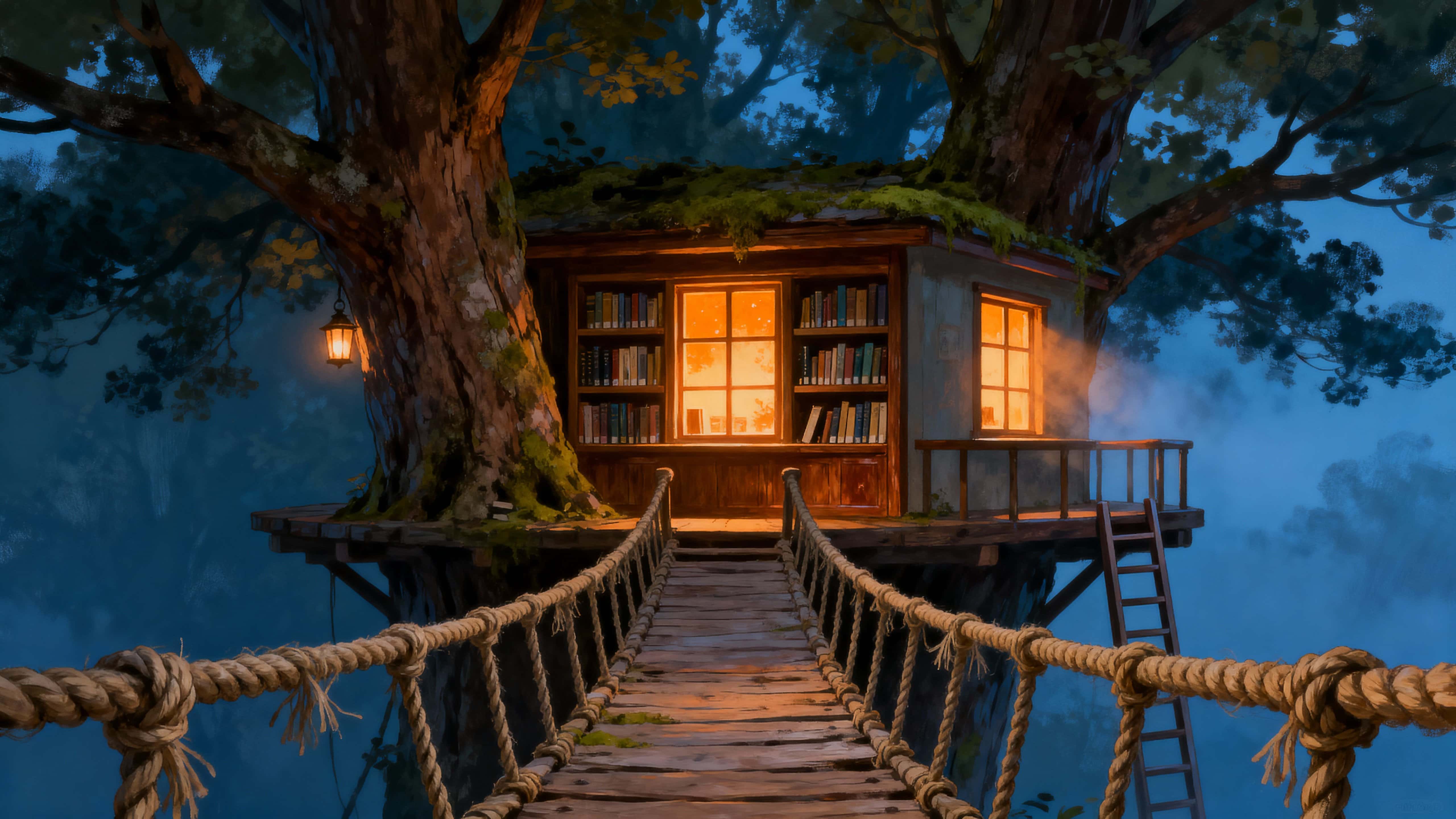A tiny two‑level library built snugly between two mature trees with glowing windows and hundreds of micro books, connected by a narrow rope bridge and lit like twilight magic.