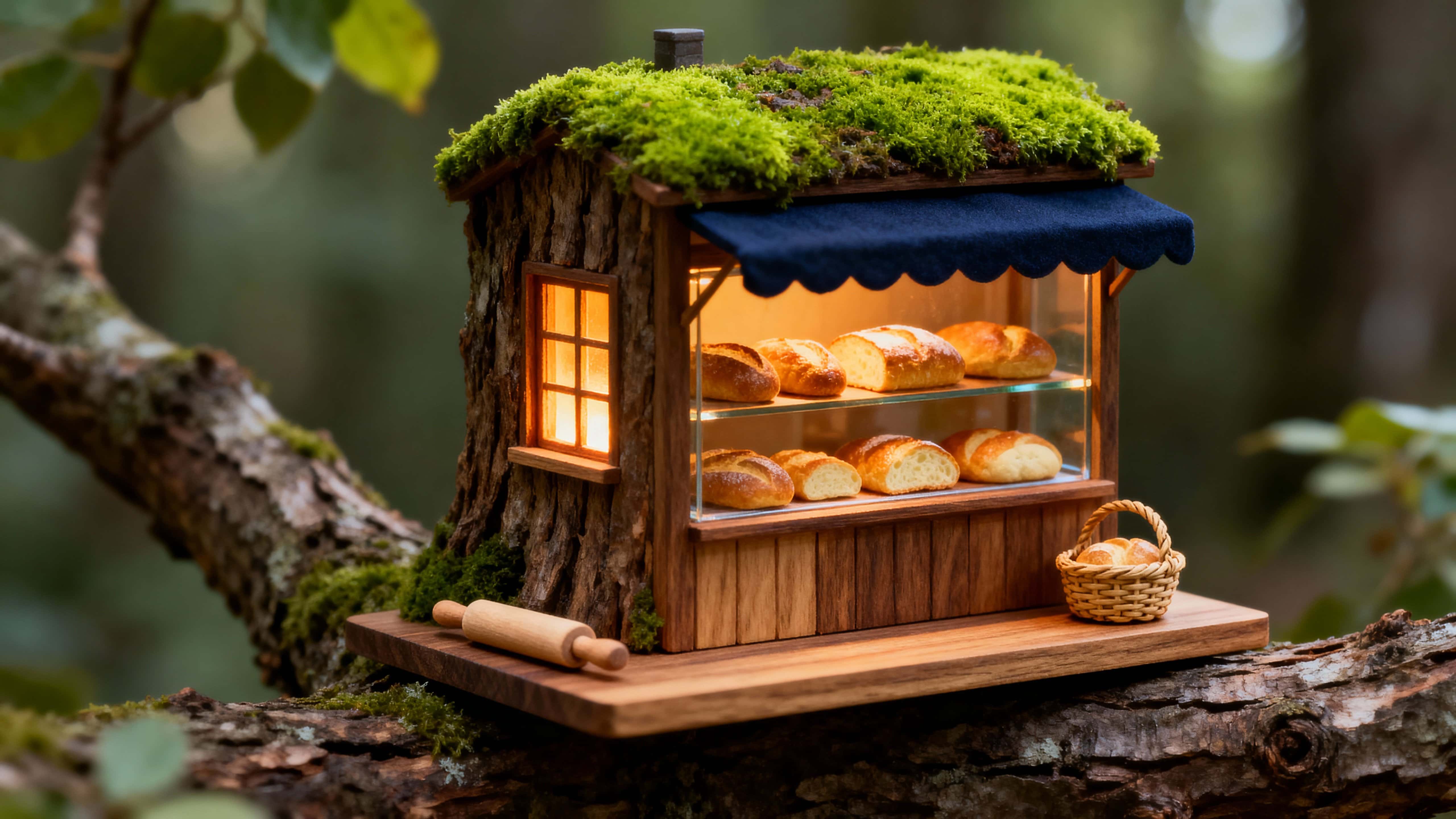 A tiny wooden bakery with warm glowing windows perches on a thick mossy branch, displaying loaves and pastries on tiny shelves beneath a rooftop of living moss and soft lamplight.