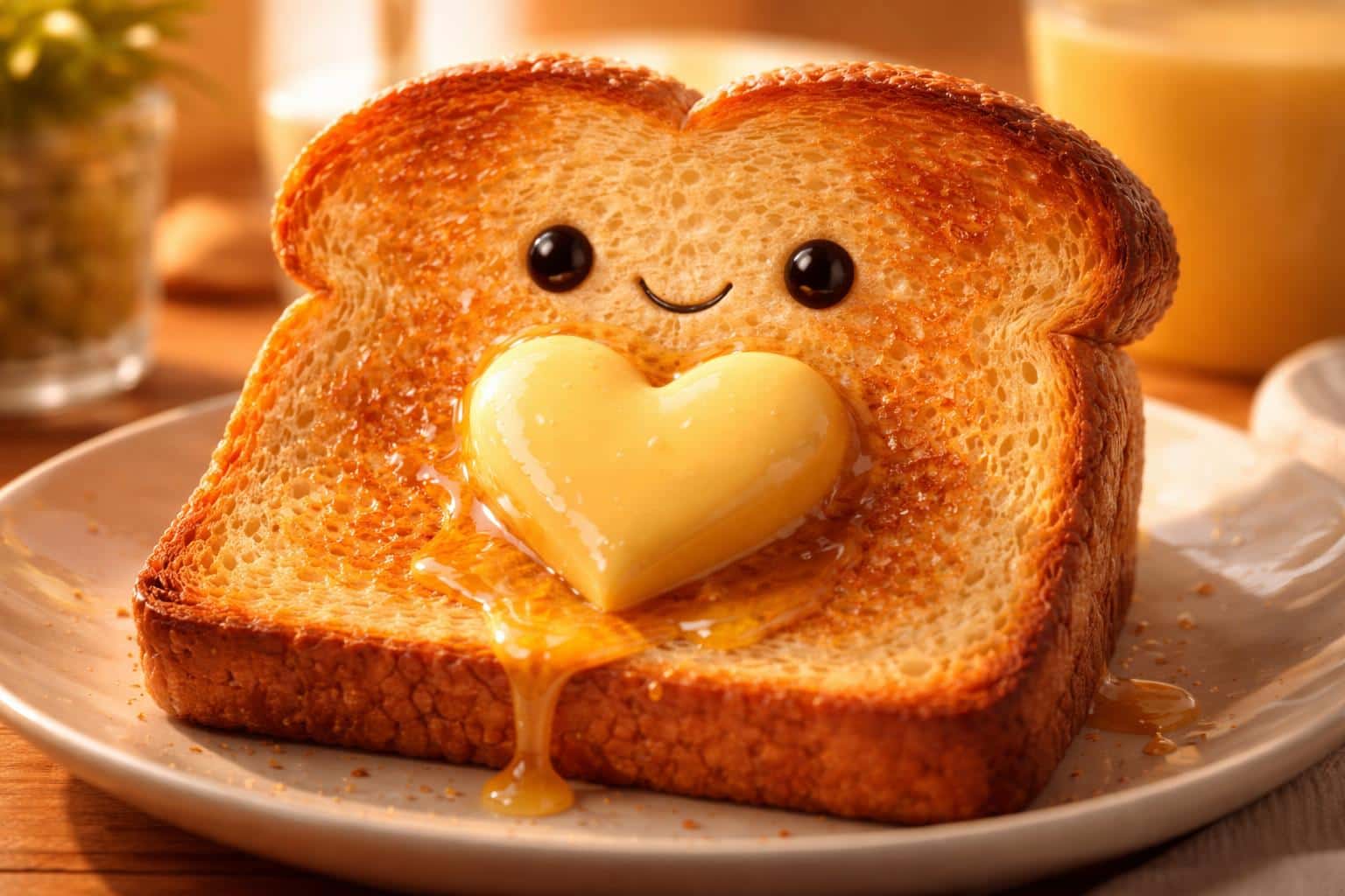 A centered 3:2 PBR 3D render of a personified golden-brown toast with a heart-shaped melting butter pat embracing its crisp, highly detailed surface in warm morning sunlight.