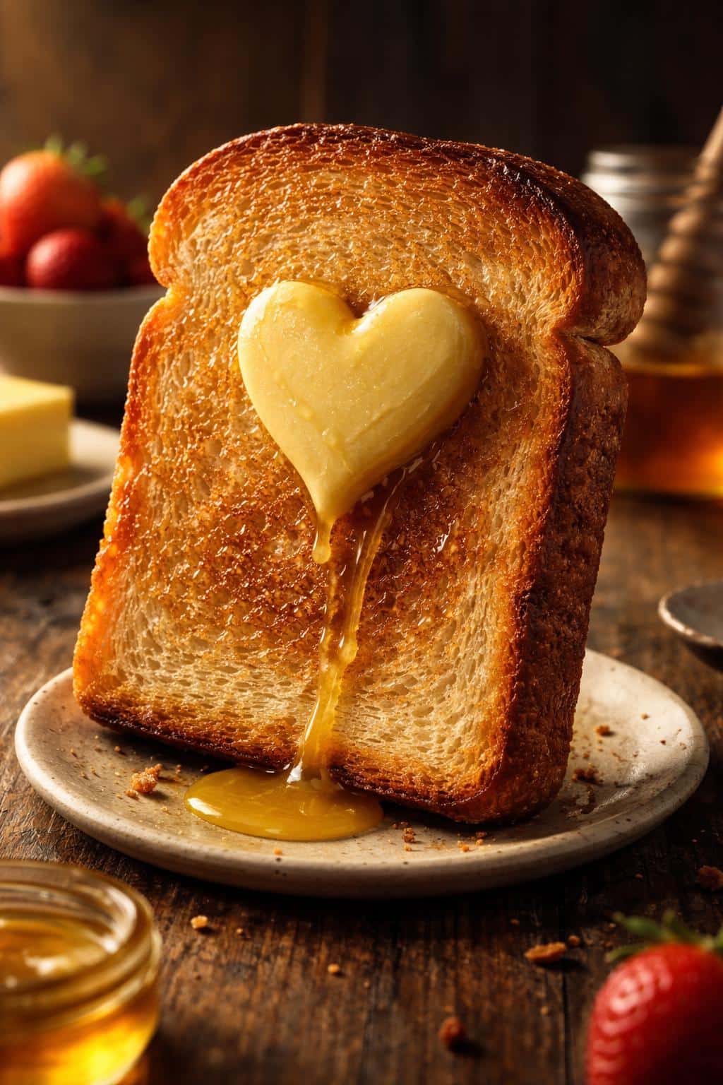 Vertical 2:3 realistic 3D render of a golden textured toast with a heart-shaped pat of butter melting down its surface against a dark rustic wooden backdrop.