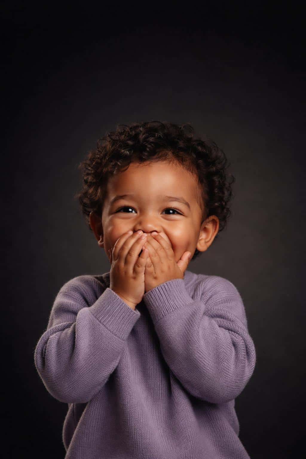 Cinematic 2:3 vertical editorial studio portrait of a giggling two-year-old mixed-race boy in a lavender sweater against a seamless near-black gradient with warm highlights and subtle film grain.