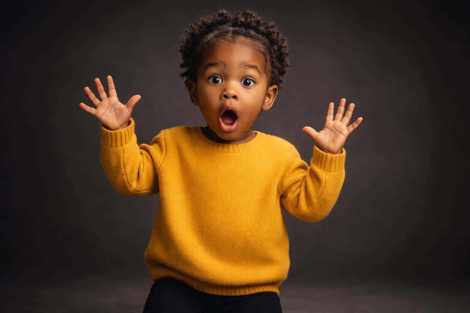 Wide 3:2 cinematic studio portrait of a two-and-a-half-year-old Black girl in a mustard sweater making a surprised O-shaped mouth with raised arms and clean negative space.