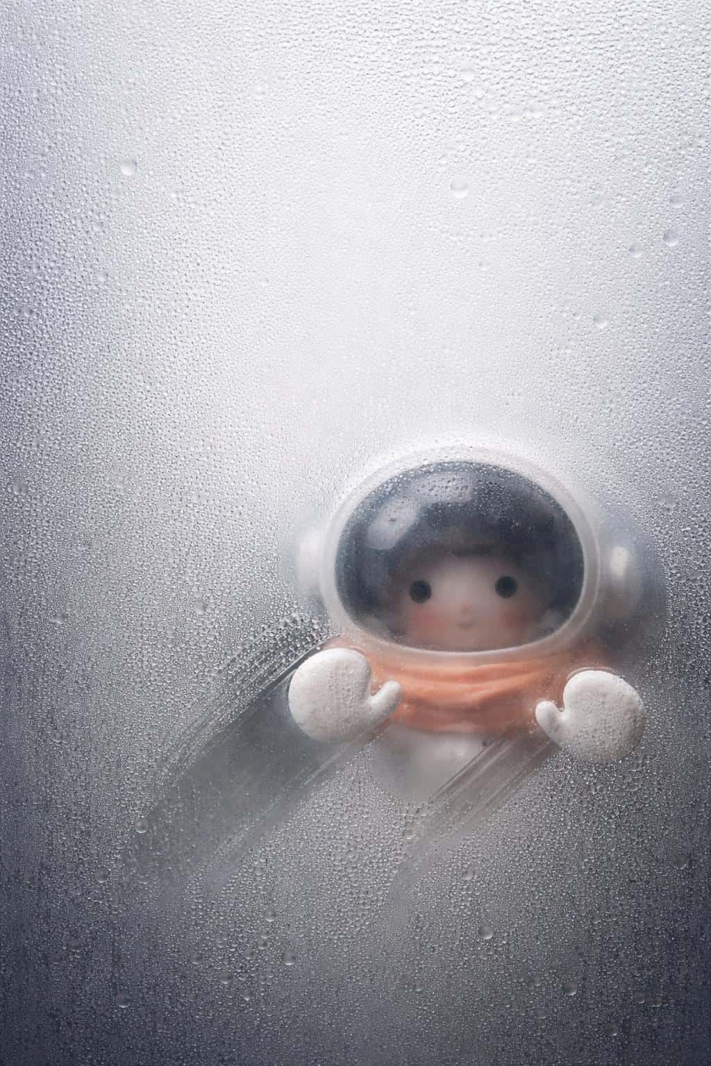 A 2:3 portrait of a small 3D toy astronaut pressing a glossy white helmet and mittened hands against fogged glass with wiped oval and fingertip streaks, soft droplets, and a gentle diffused glow.
