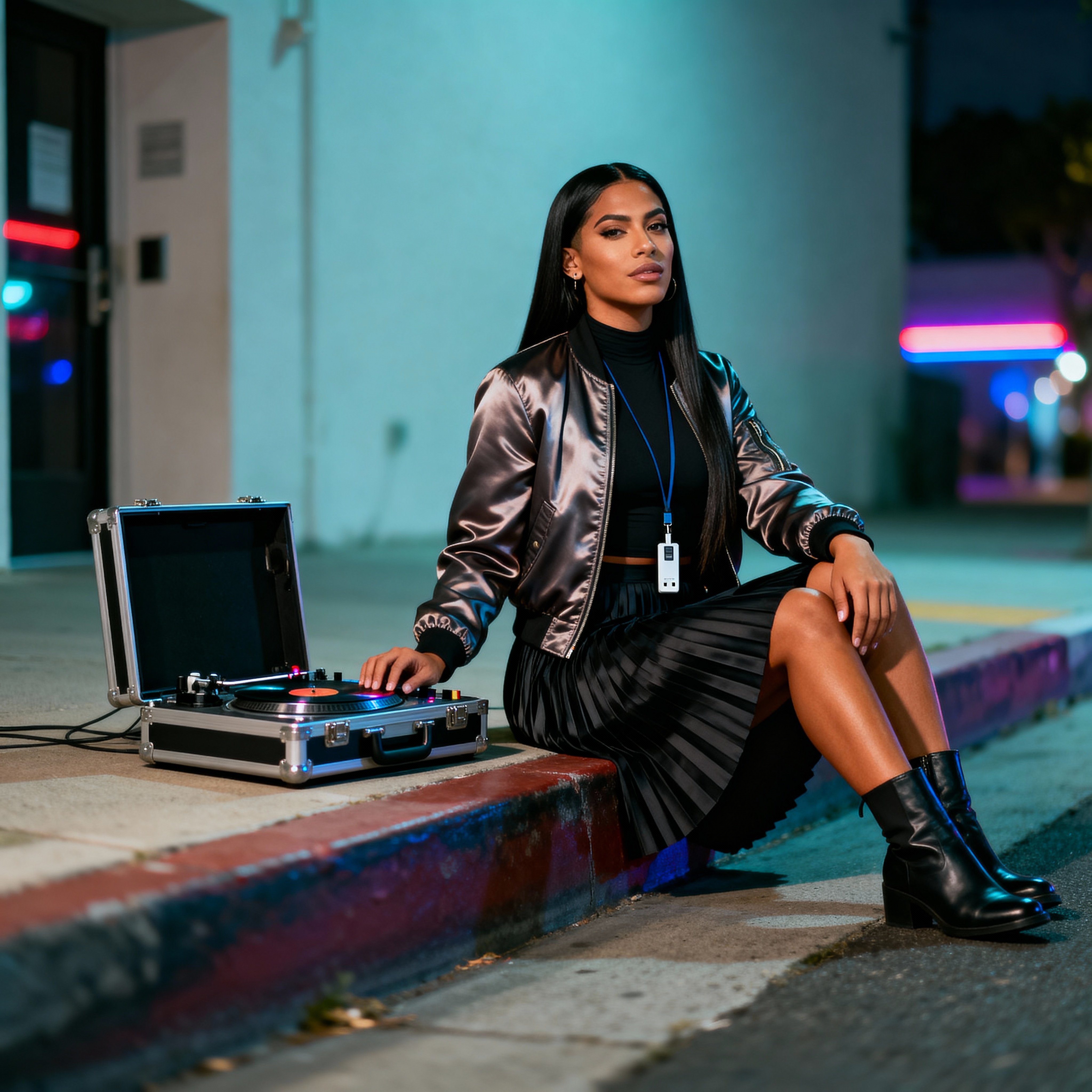 A 24-year-old Mexican American transgender woman DJ in Los Angeles sits poised on a curb after soundcheck in a deep-navy satin bomber, pleated skirt and black boots with warm-tan skin lit by soft wrap light as neon-pink and muted-teal bokeh