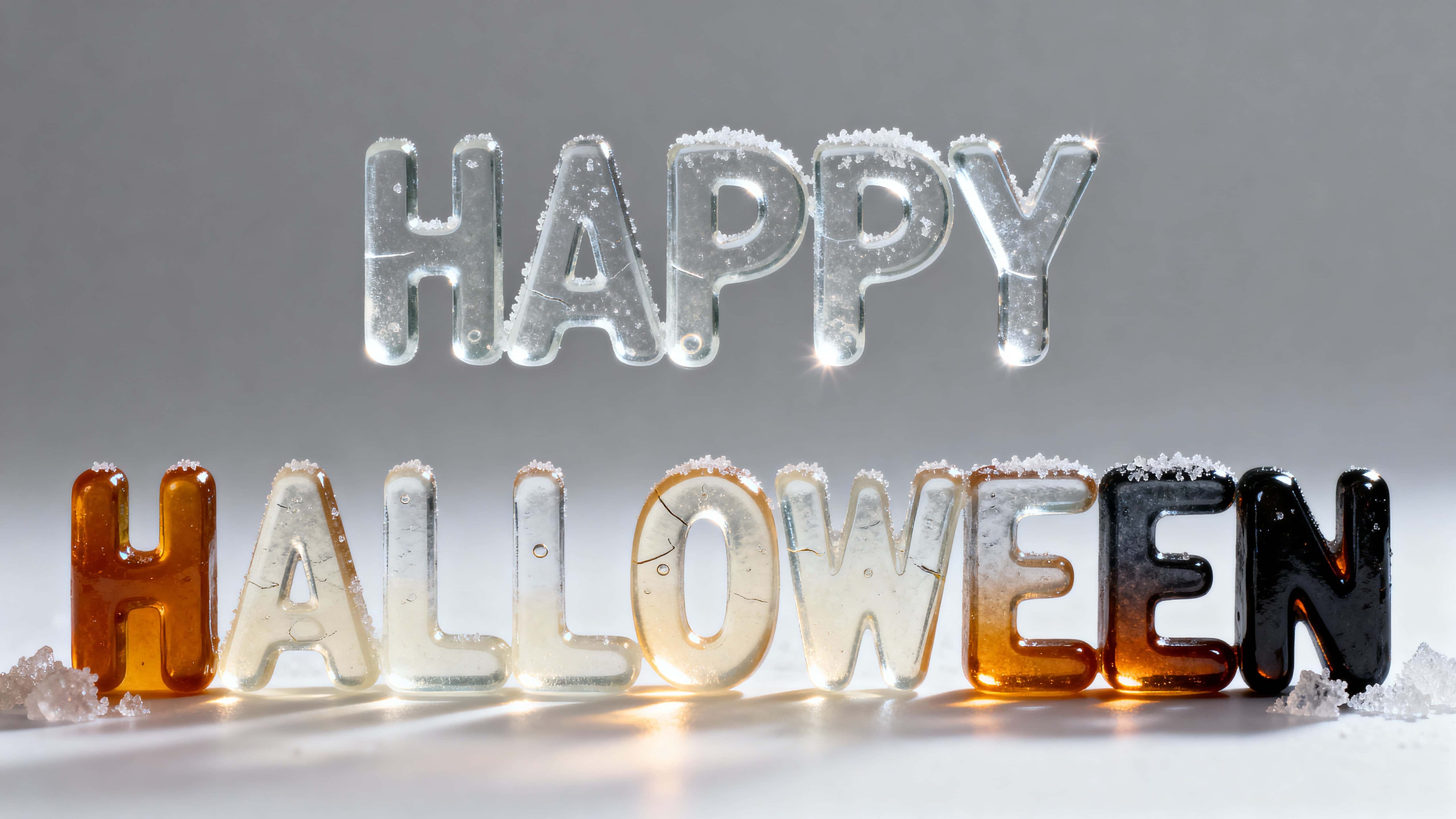 Photoreal 3D scene of "HAPPY HALLOWEEN" cast in translucent candy glass with an amber→ivory→charcoal gradient, fine sugar crystals, hairline cracks, and delicate shards.