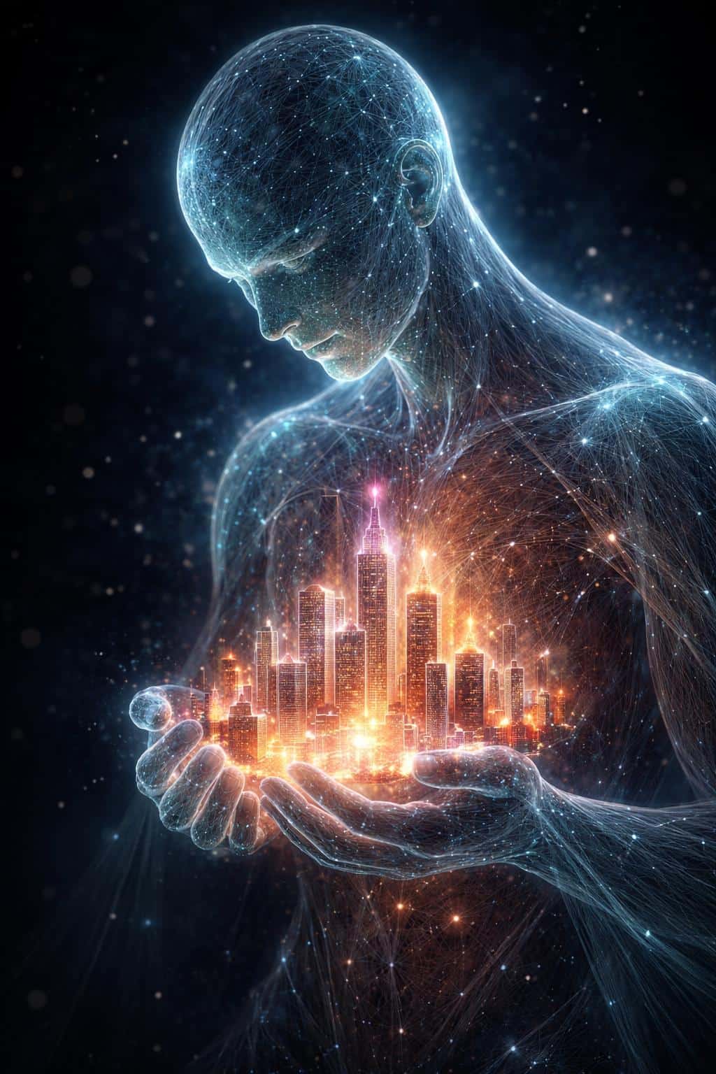 Translucent human figure cradling luminous neon cityscape in contemplative pose, ethereal form filled with glowing geometric buildings against dark starry void.
