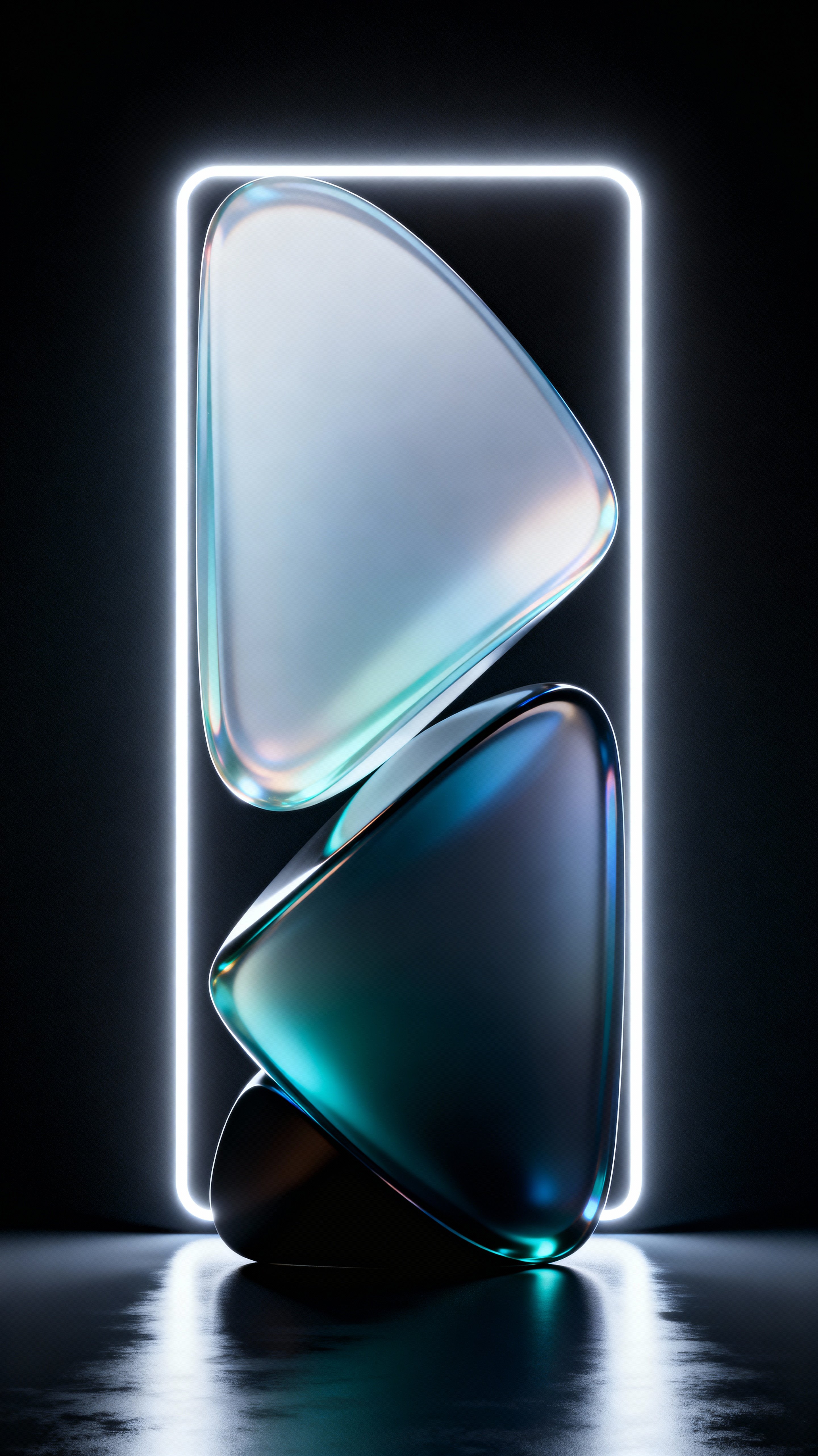 Abstract 3D gradient shapes with smooth glass-like surfaces, layered translucency, glowing edges, minimal futuristic design, and high-contrast lighting. Digital sculpture aesthetic emphasizing depth, soft refractions, subtle caustics, and a