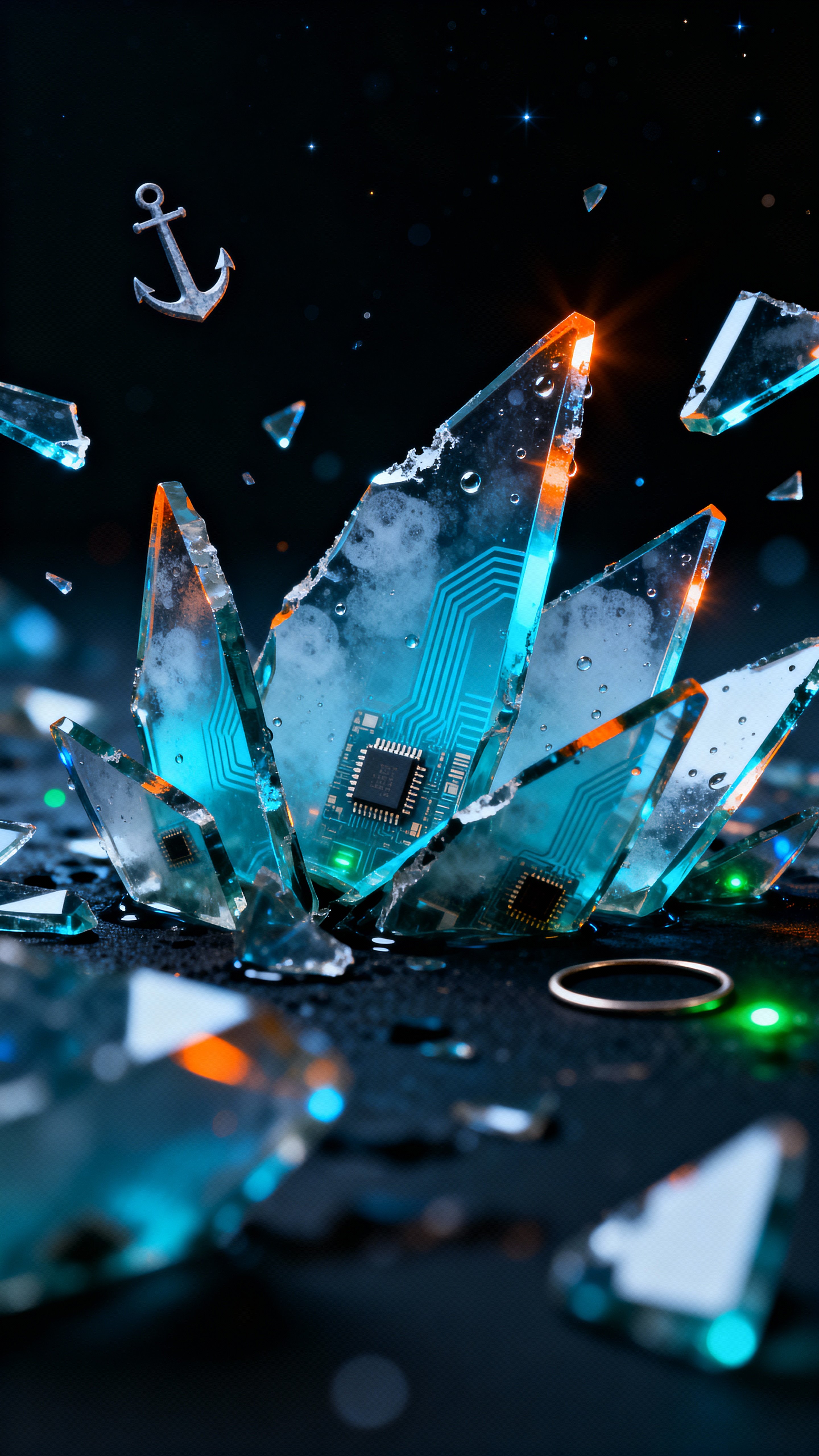 Ultra-realistic futuristic wallpaper featuring highly detailed translucent glass fragments floating over a dark AMOLED-friendly background with blue-cyan glows and orange-green accents.
