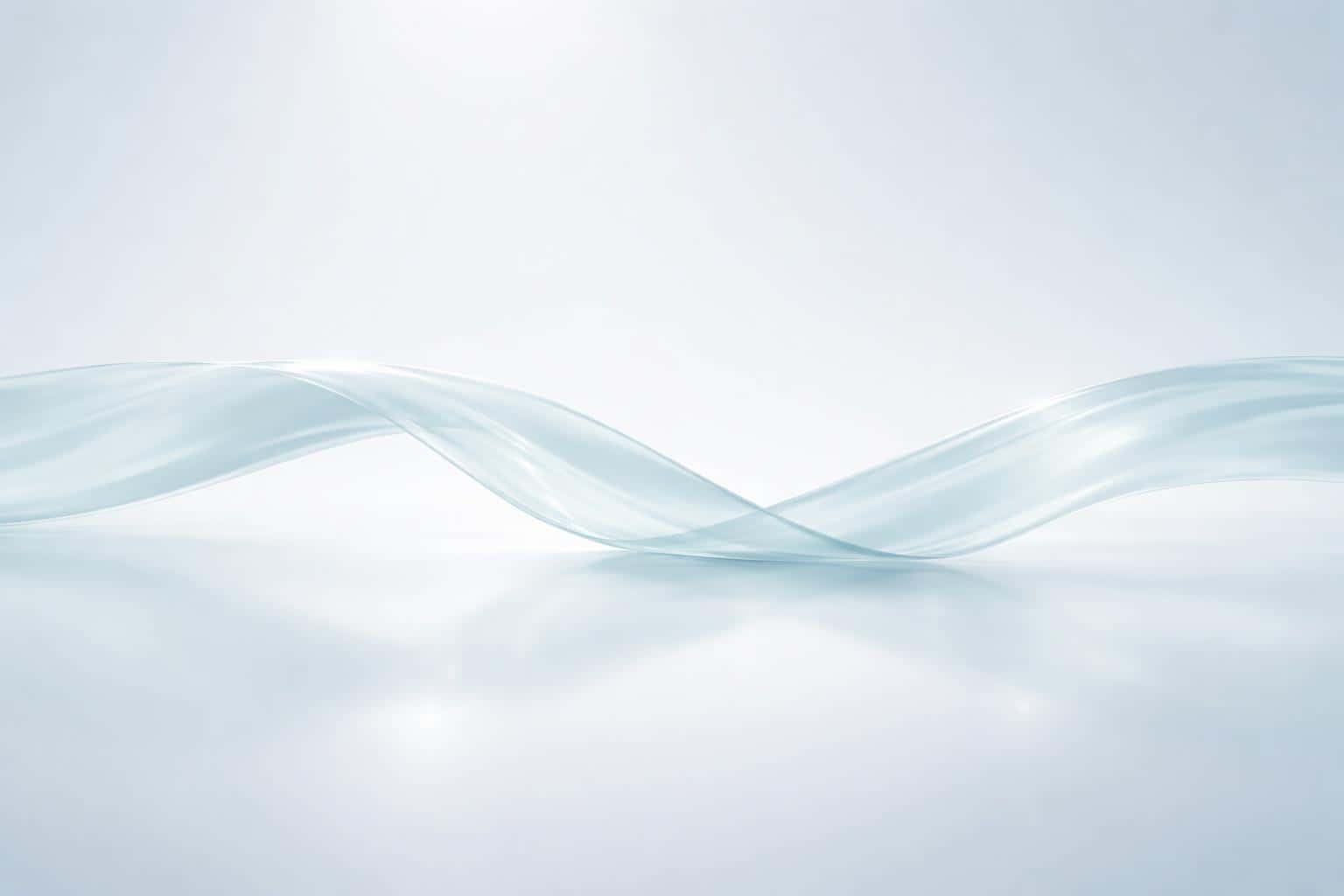 A faithful 3D-render study of a translucent ribbon in a calm cool palette, composed for a 3:2 wallpaper with minimalist negative space and soft lighting.