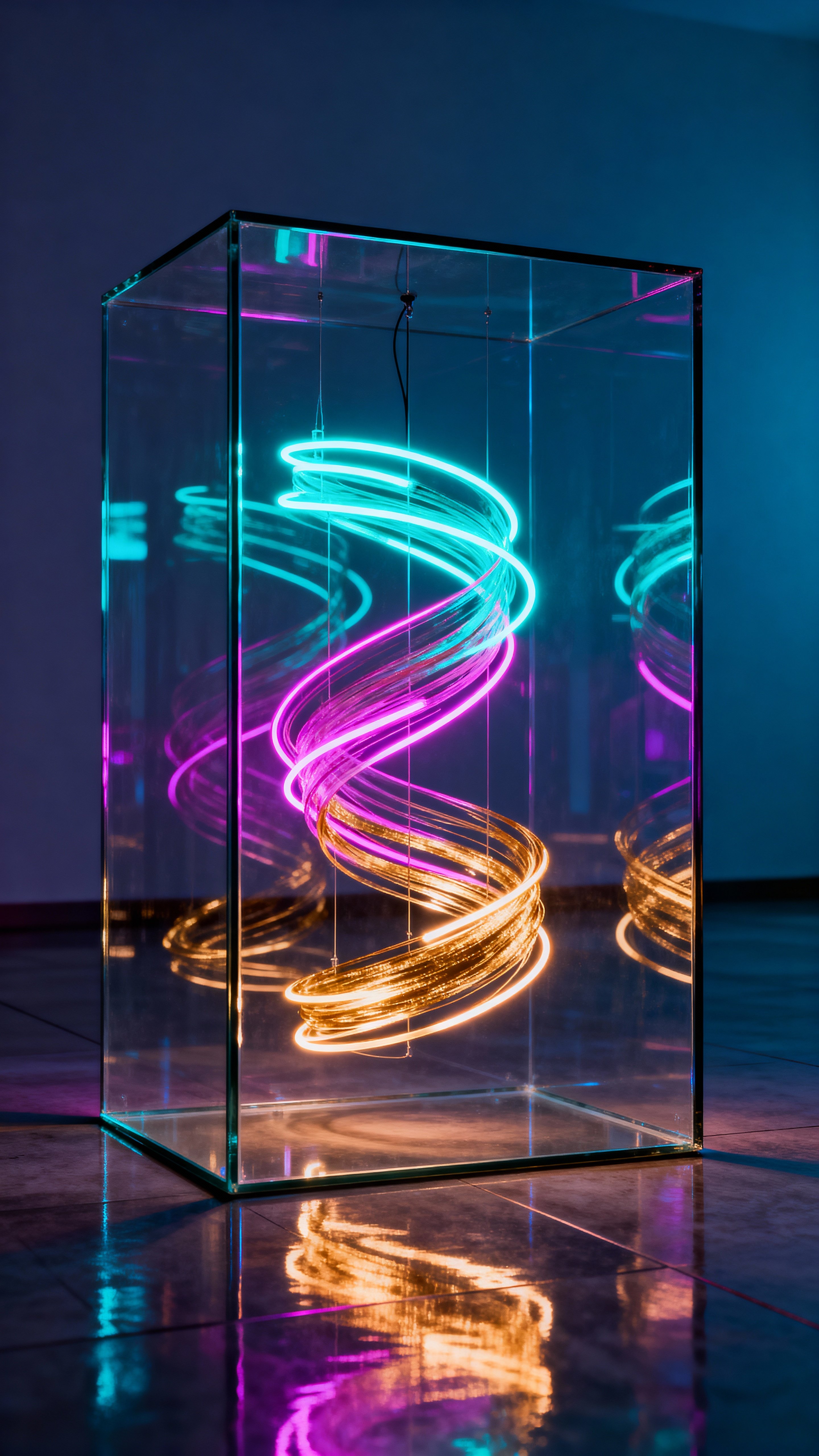 A transparent cube rests on a reflective floor, containing swirling cyan, magenta and warm-gold neon ribbons that twist inside while soft reflections and deep cool tones keep the minimal backdrop.