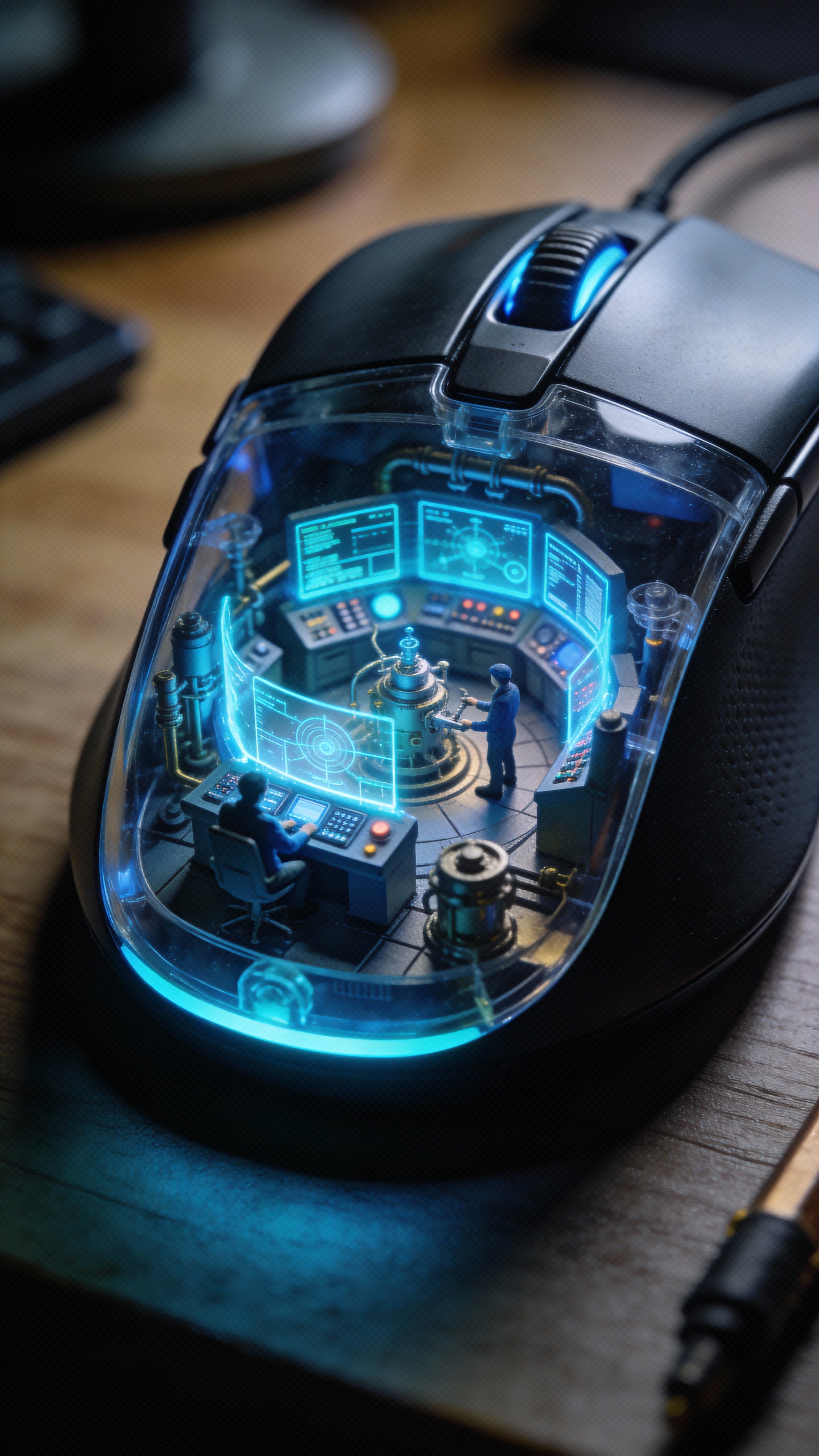 Vertical 9:16 close-up macro of a transparent mouse splitting open to reveal a glowing miniature control room with blue-cyan accents, moody shadows, and a blurred realistic desk background for scale.