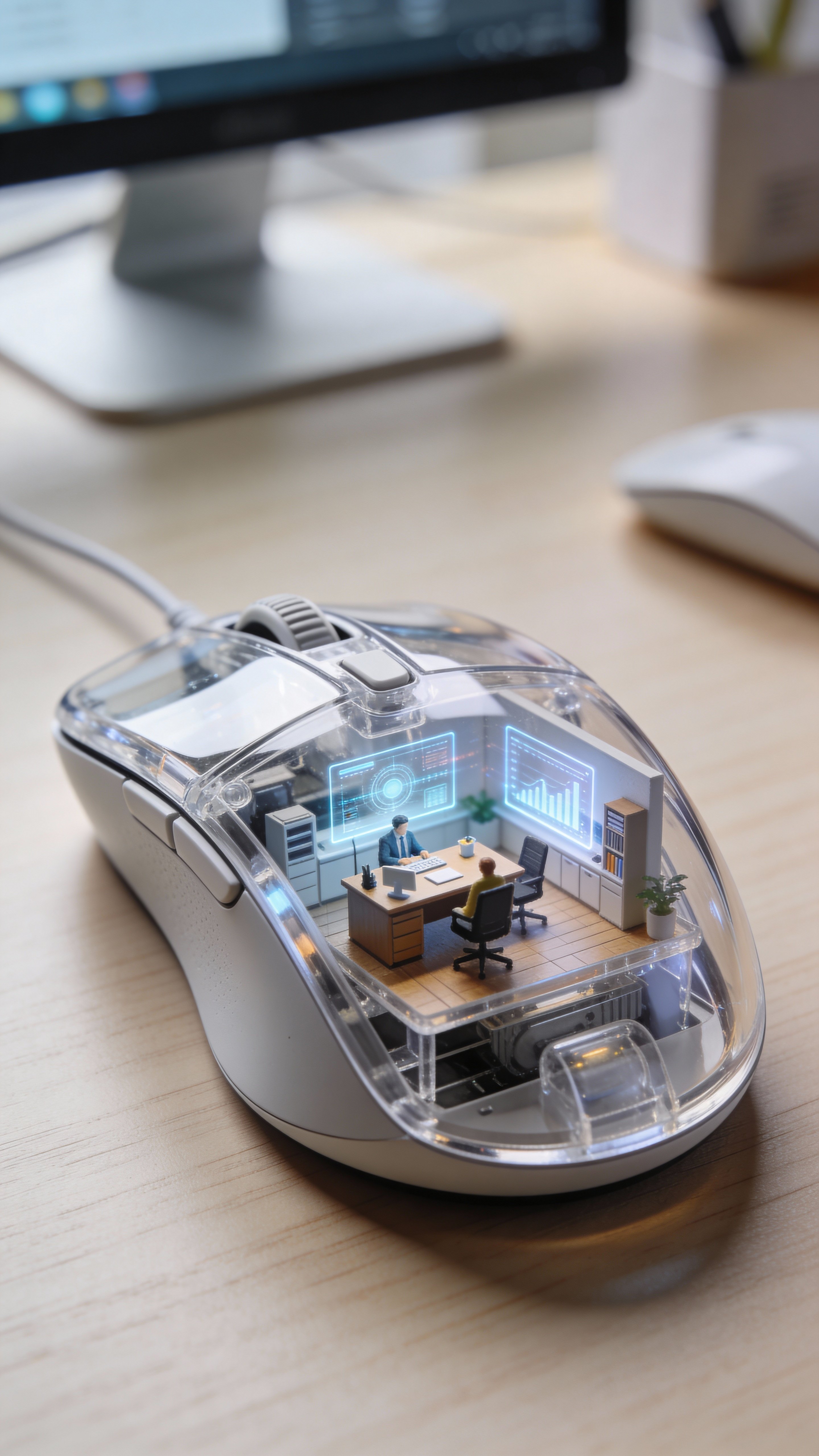 A transparent premium computer mouse reveals a miniature futuristic office diorama inside, set on a clean desk with cinematic light and ultra-realistic CGI detail.