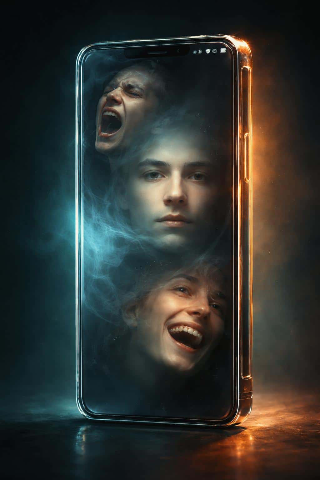 A vertical digital-painting of a transparent smartphone containing layered human expressions inside the screen, rendered for poster-cover use with dramatic lighting.