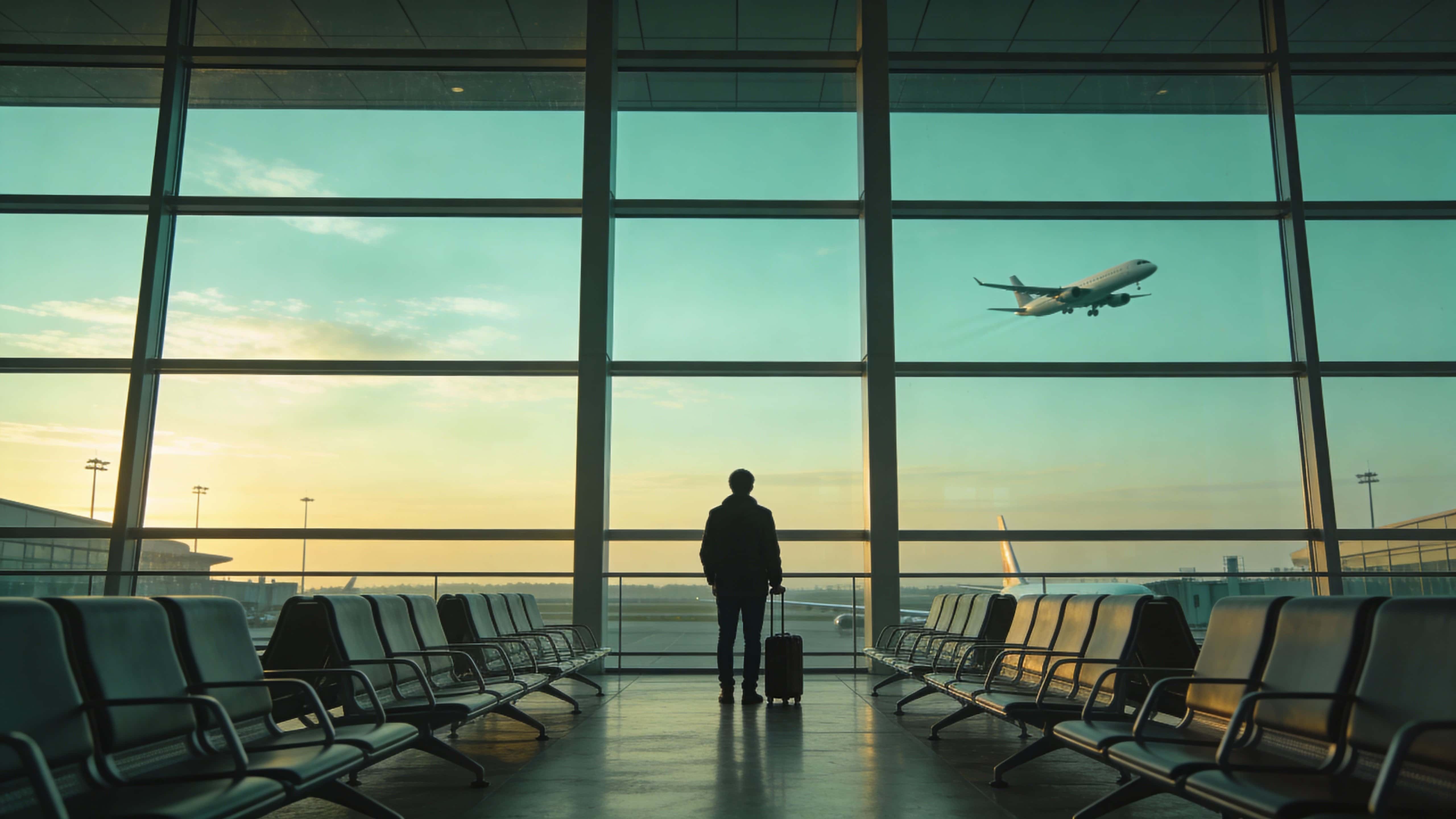 A traveler stands centered in a 16:9 airport terminal frame, holding a suitcase and watching a plane take off at dawn as soft teal and pale gold sky fills the scene.