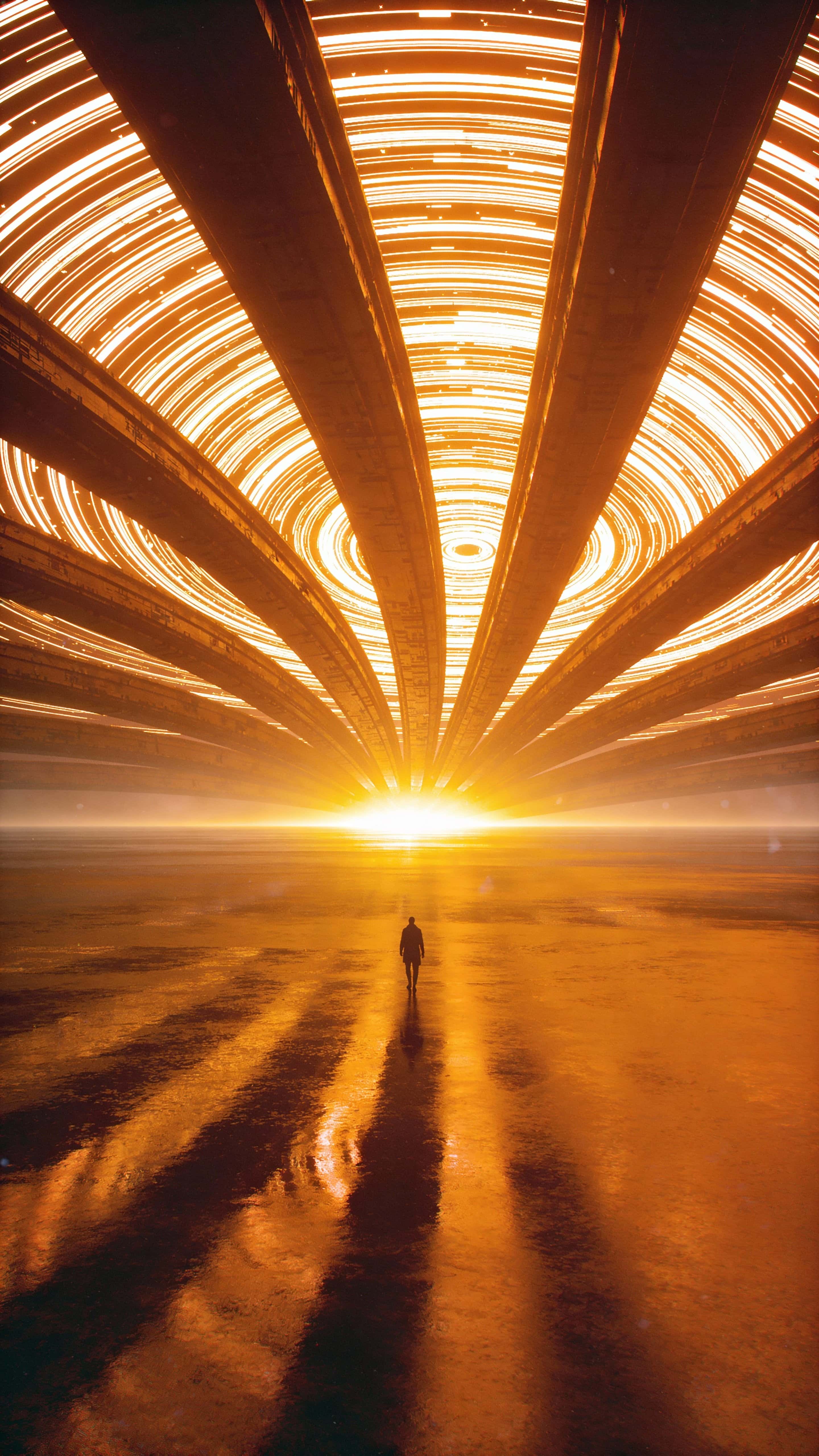 A lone traveler walks across a reflective, surreal plain toward a horizon of sweeping golden light trails beneath a vast empty sky, evoking destiny and forward motion.