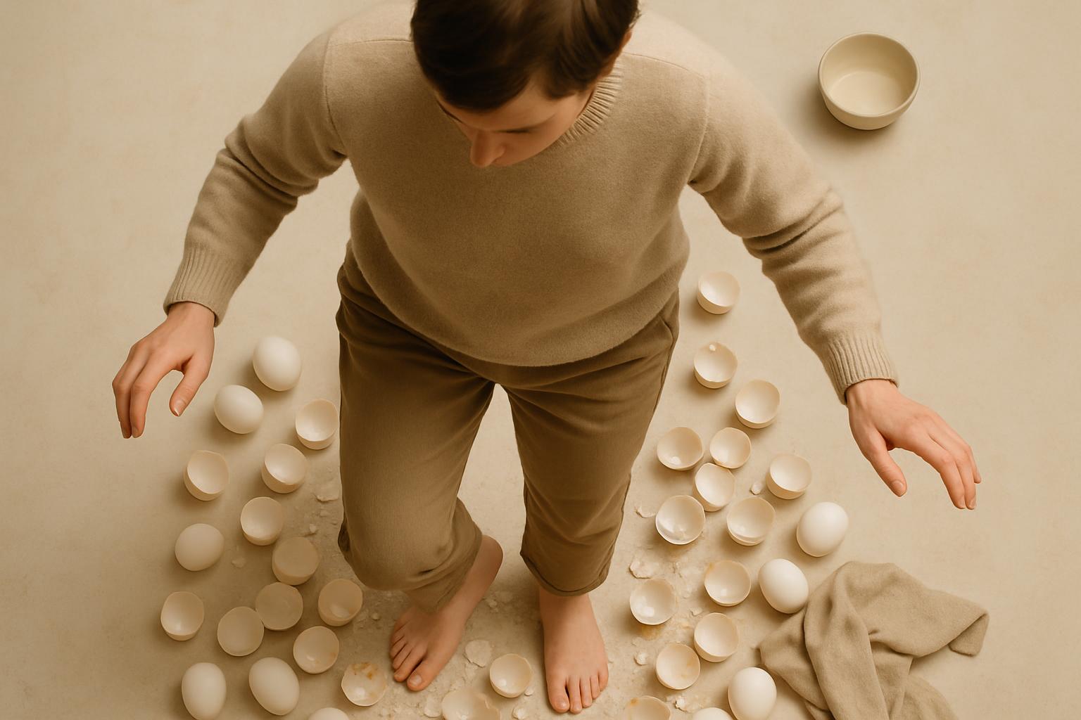 A top-down study of vulnerability: a lone figure gingerly traverses a floor strewn with broken and whole eggshells, each step a negotiation of balance and care. Natural daylight highlights texture and beige tonalities, making the act feel intimate and symbolic.