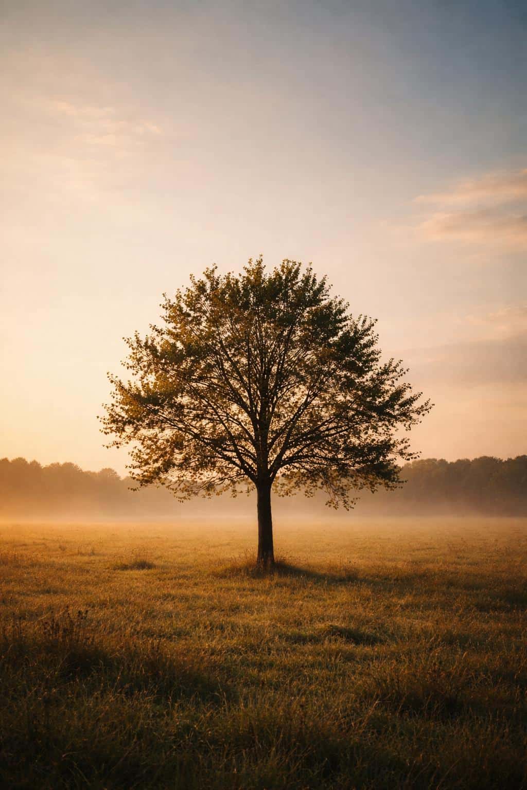 A lone tree stands centered in a 2:3 portrait landscape photograph with minimalist composition, warm late-light mood, ideal for poster or wallpaper use.