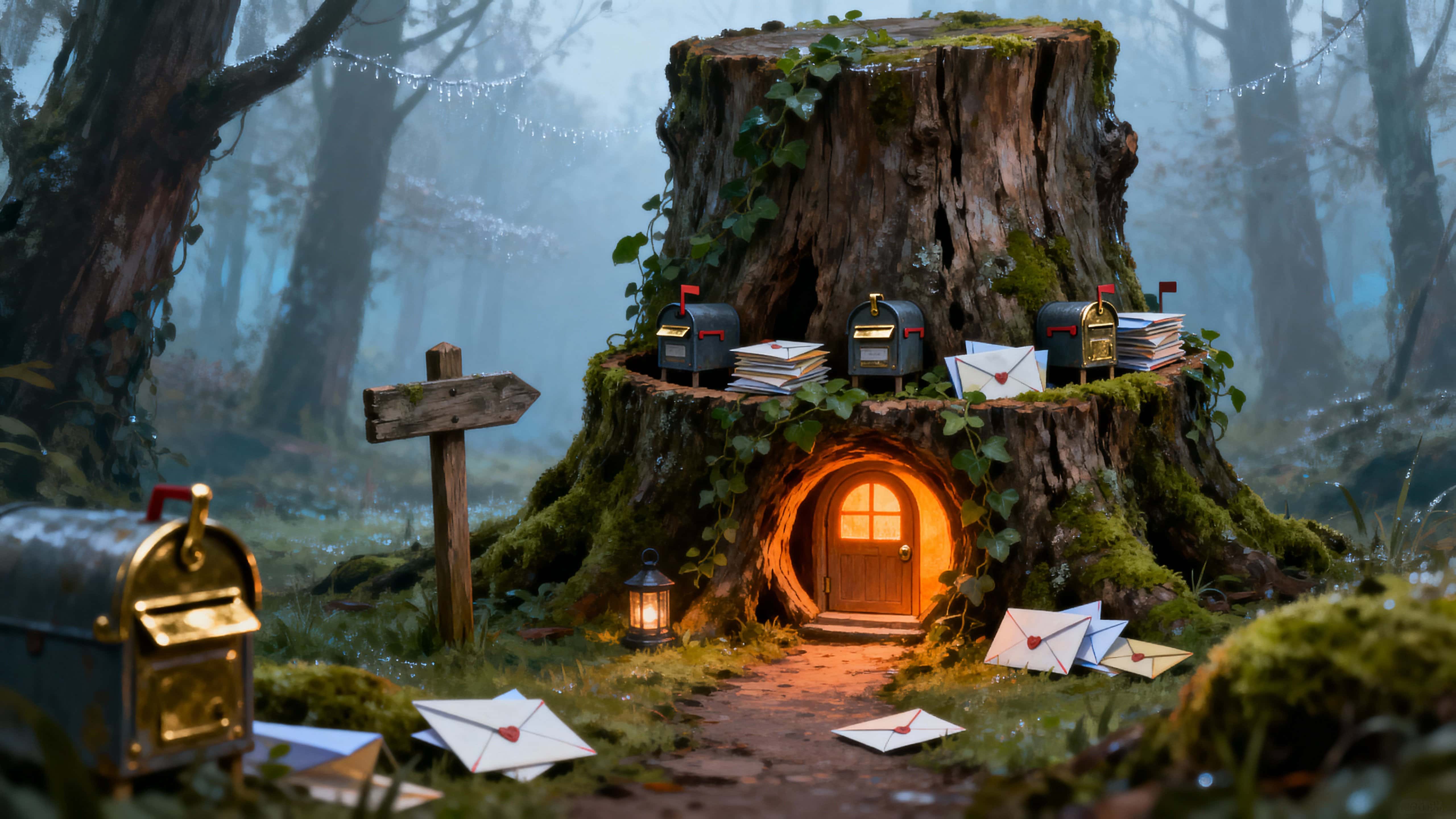 A tiny mail building carved into a hollow tree stump sits in a mossy clearing, with mini mailboxes and little envelopes clustered around a softly glowing door framed by creeping vines and warm light.