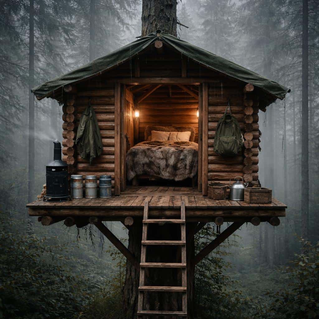 Photorealistic treehouse cabin perched in a misty pine, composed as a square poster image that preserves cozy interior detail, rainy atmosphere, and log textures.