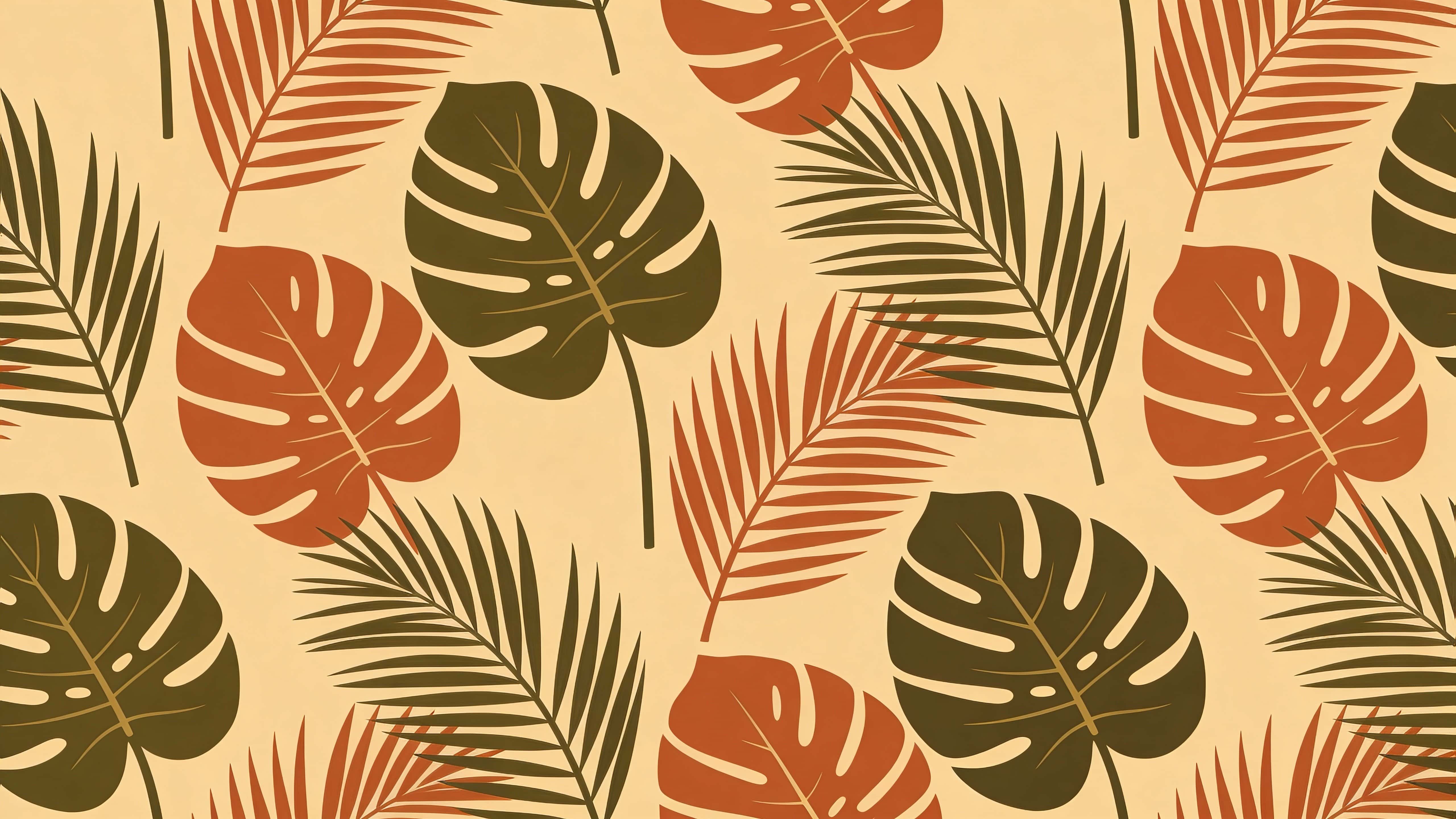 Flat, crisp vector pattern of palm fronds and broad tropical leaves in terracotta, sand, and deep olive, evenly spaced and tiled to fill a 16:9 frame for surface design.