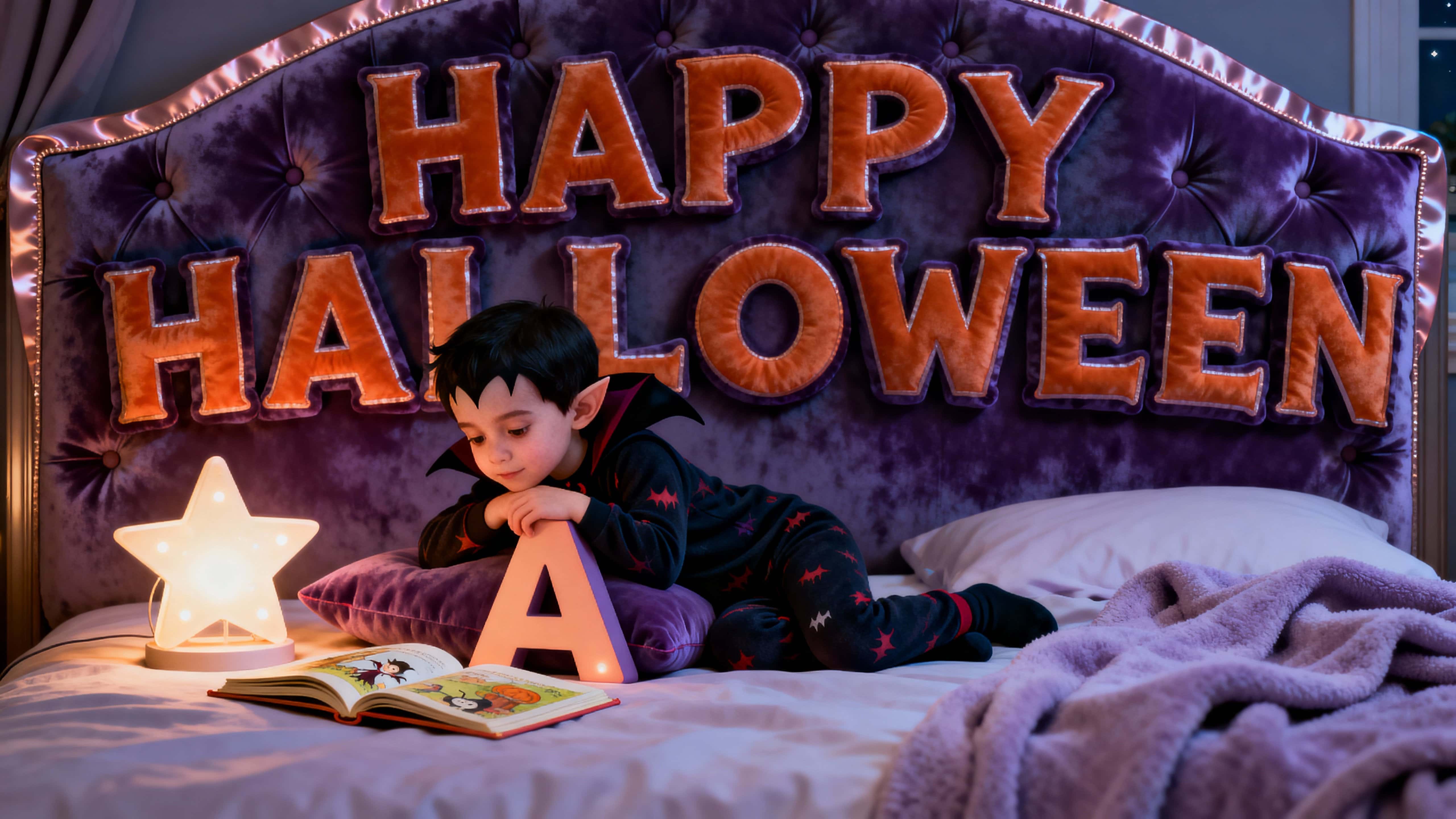 Full-frame 16:9 photo-real 3D scene of HAPPY HALLOWEEN tufted velvet pillows with satin piping as letters, a toddler vampire in footie pajamas reading on the A, and a star nightlight casting gentle amber (#FFB74D) and deep-plum (#5D2141) gl