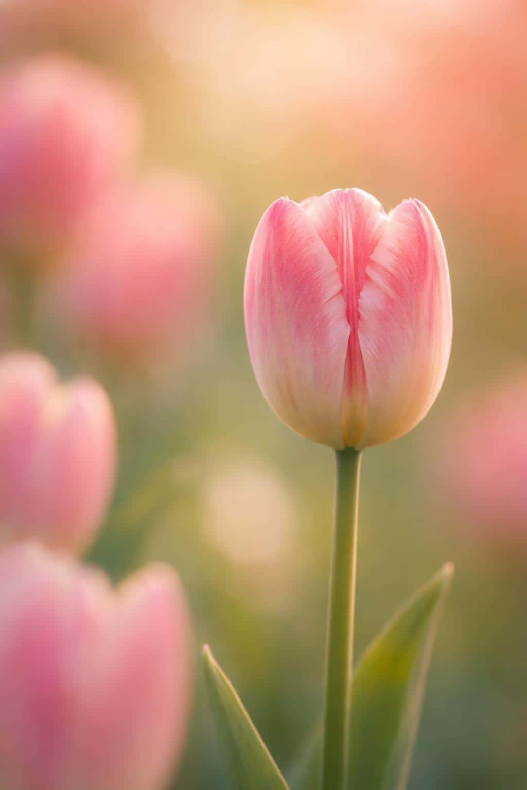 Single tulip macro photograph with soft backlit bokeh, vertical 2:3 portrait crop for wallpaper use, faithful color and shallow depth of field preserved in the composition.