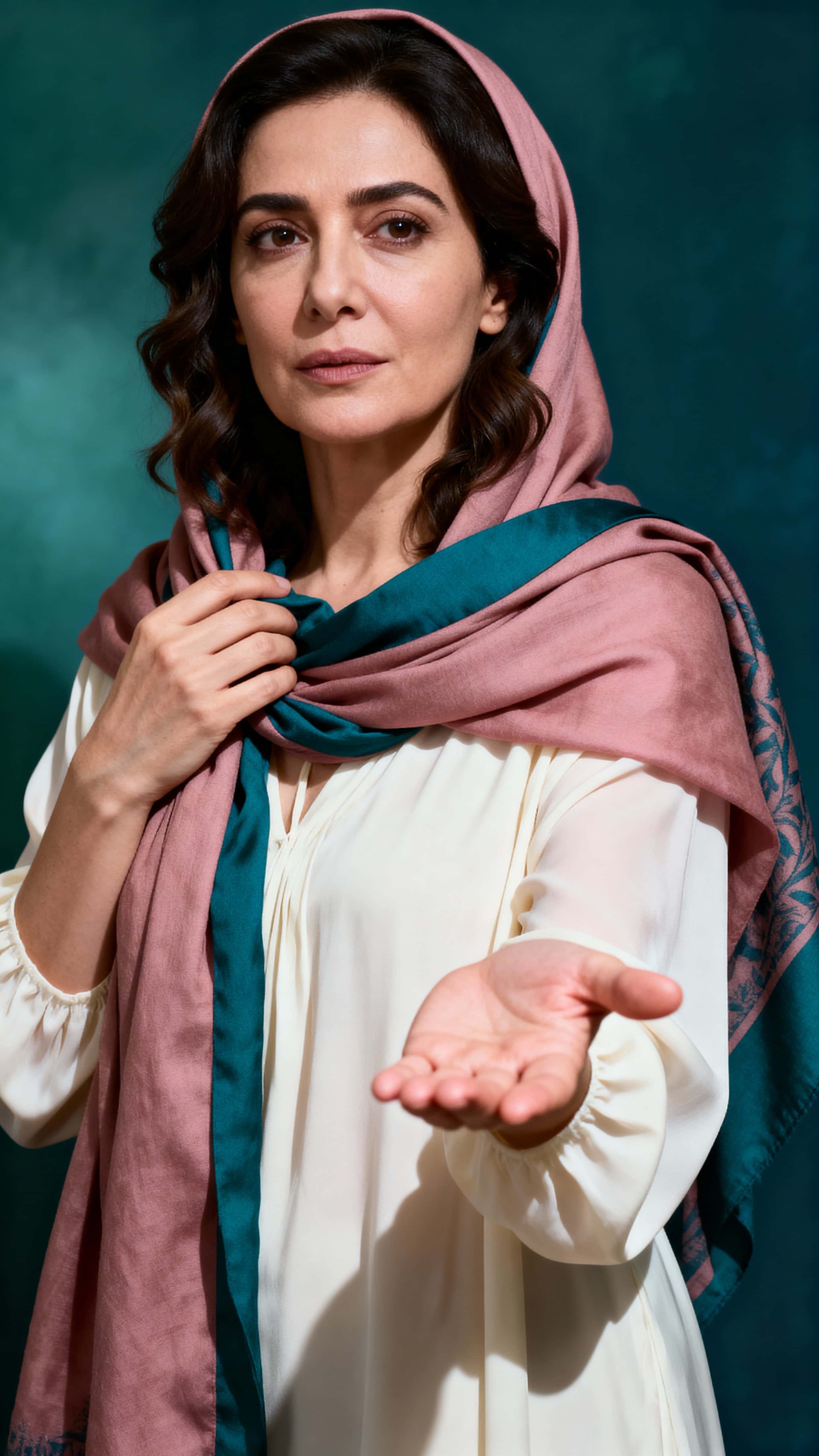 A contemplative studio portrait of a 36-year-old Turkish woman with alabaster skin and a muted-rose headscarf, palm extended as if offering a question to the viewer.