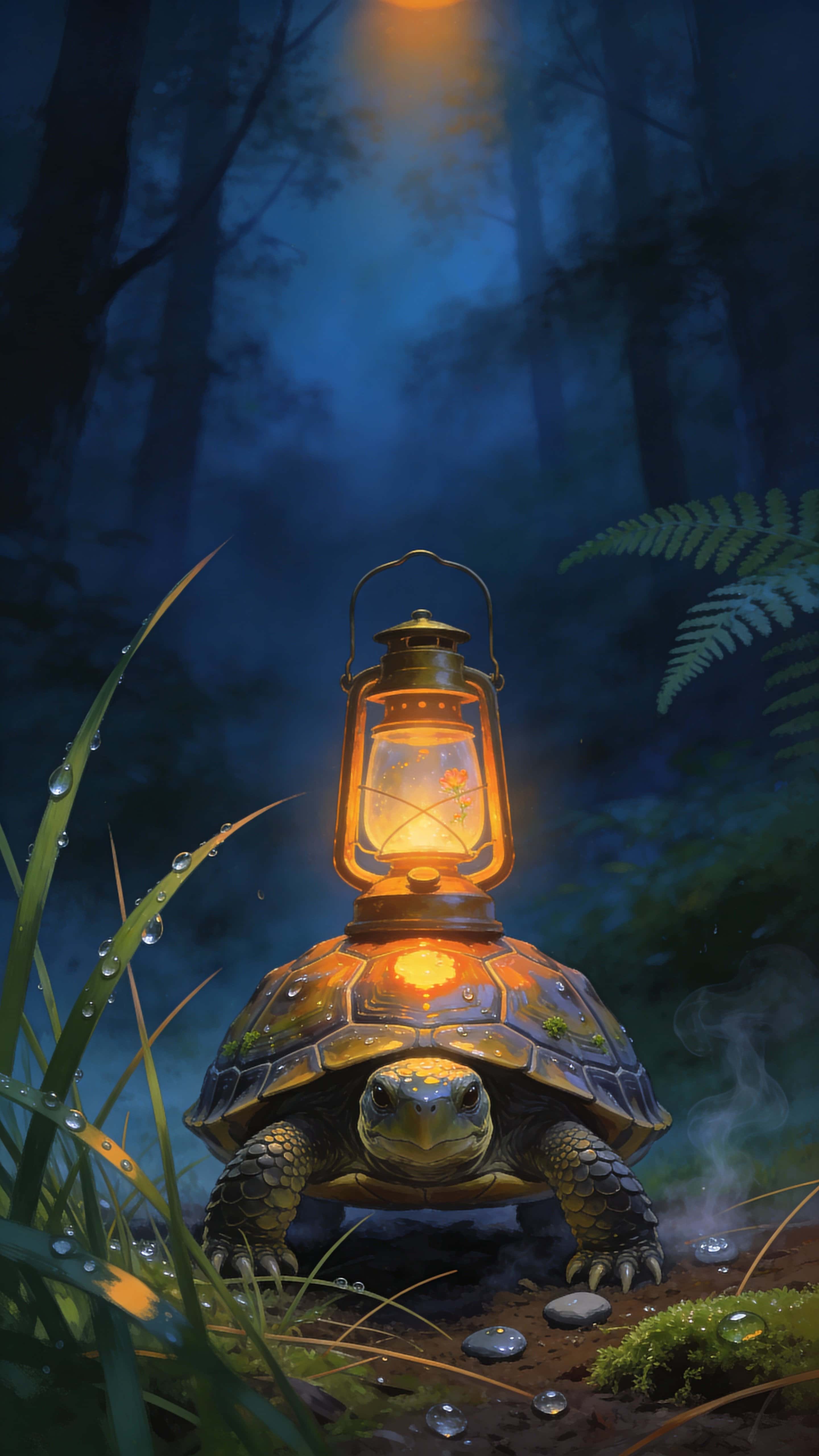 A realistic turtle stands centered in dewy grass at night, a warm lantern on its shell casting amber reflections while blue forest fog fills the background.