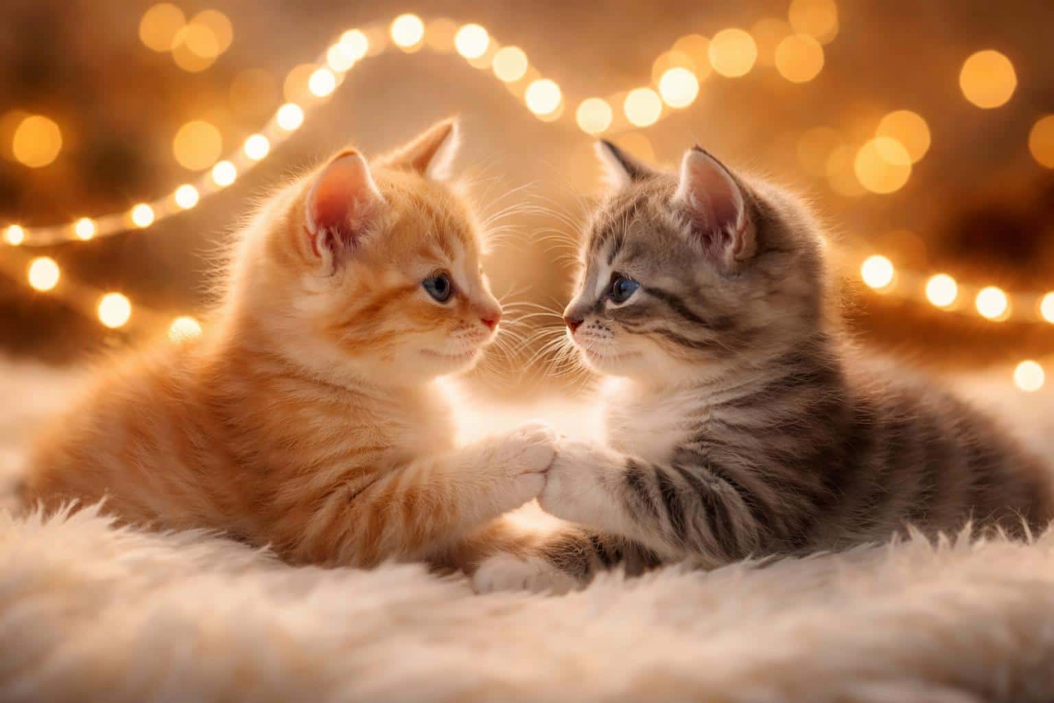 Two kittens photographed as a warm, close-up pet photograph with fairy lights and bokeh, composed and cropped for a 3:2 wallpaper-style image.