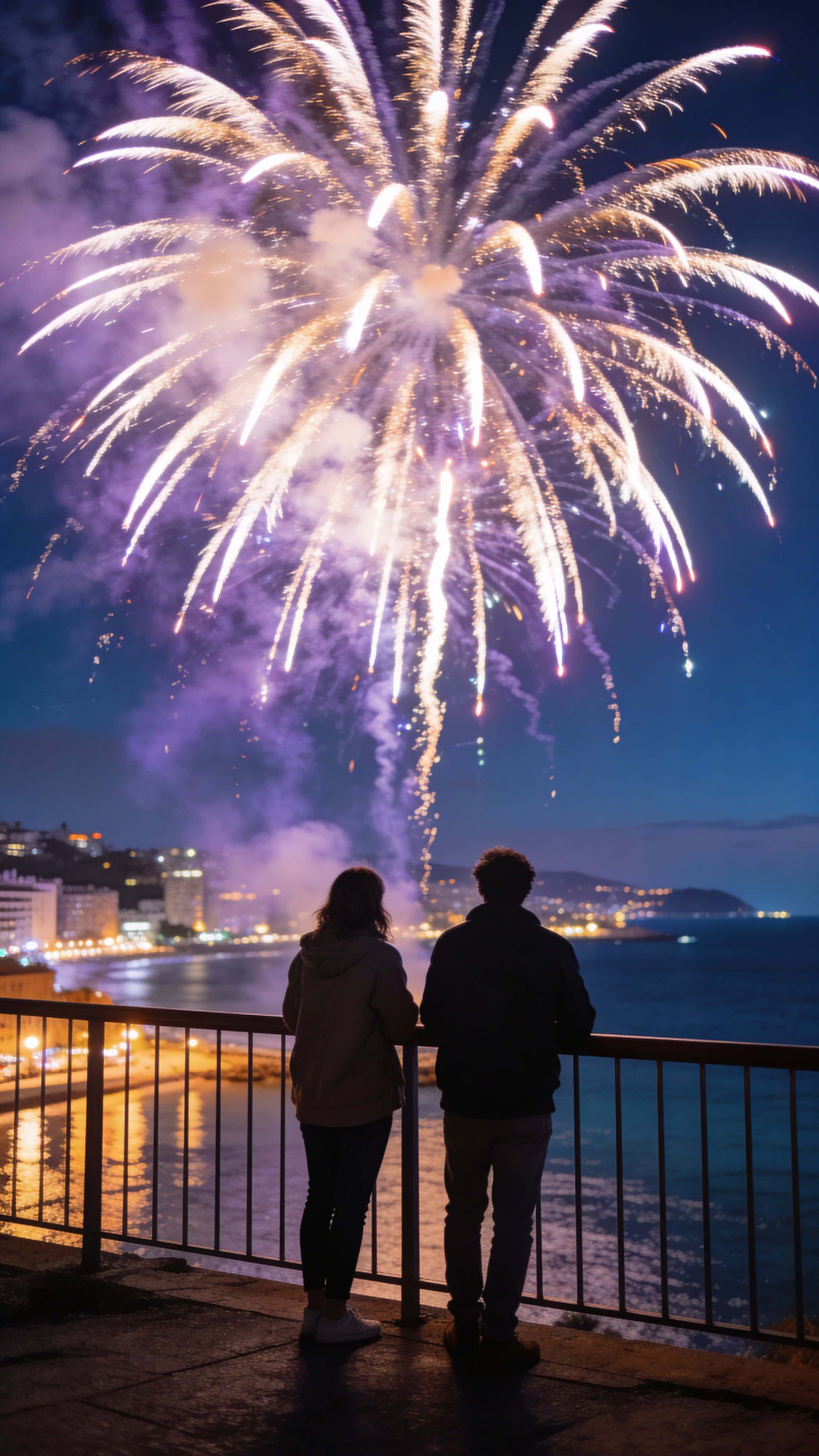 Low-angle cinematic view from behind two people at a railing as fireworks explode across a deep blue and purple sky, the city and coastline softly glowing with film-like color grading.