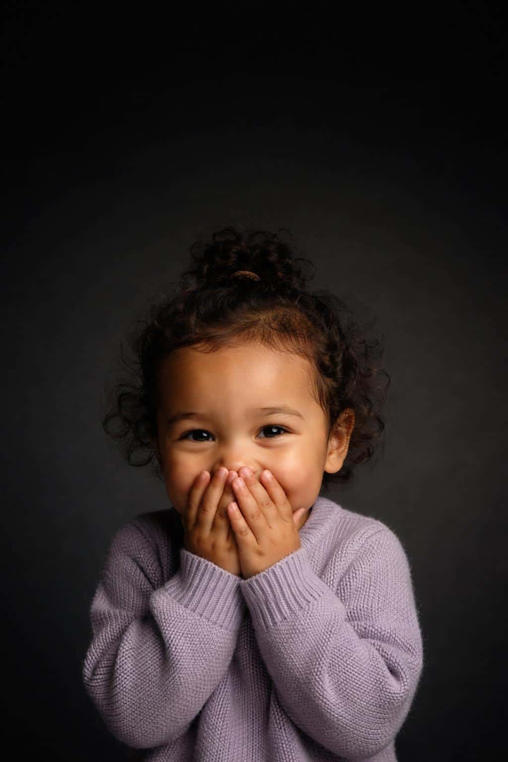 Cinematic 2:3 editorial studio portrait of a giggling two-year-old mixed-race girl with soft curls and medium tan skin, hands partly covering her mouth, lavender sweater, and a near-black gradient backdrop.