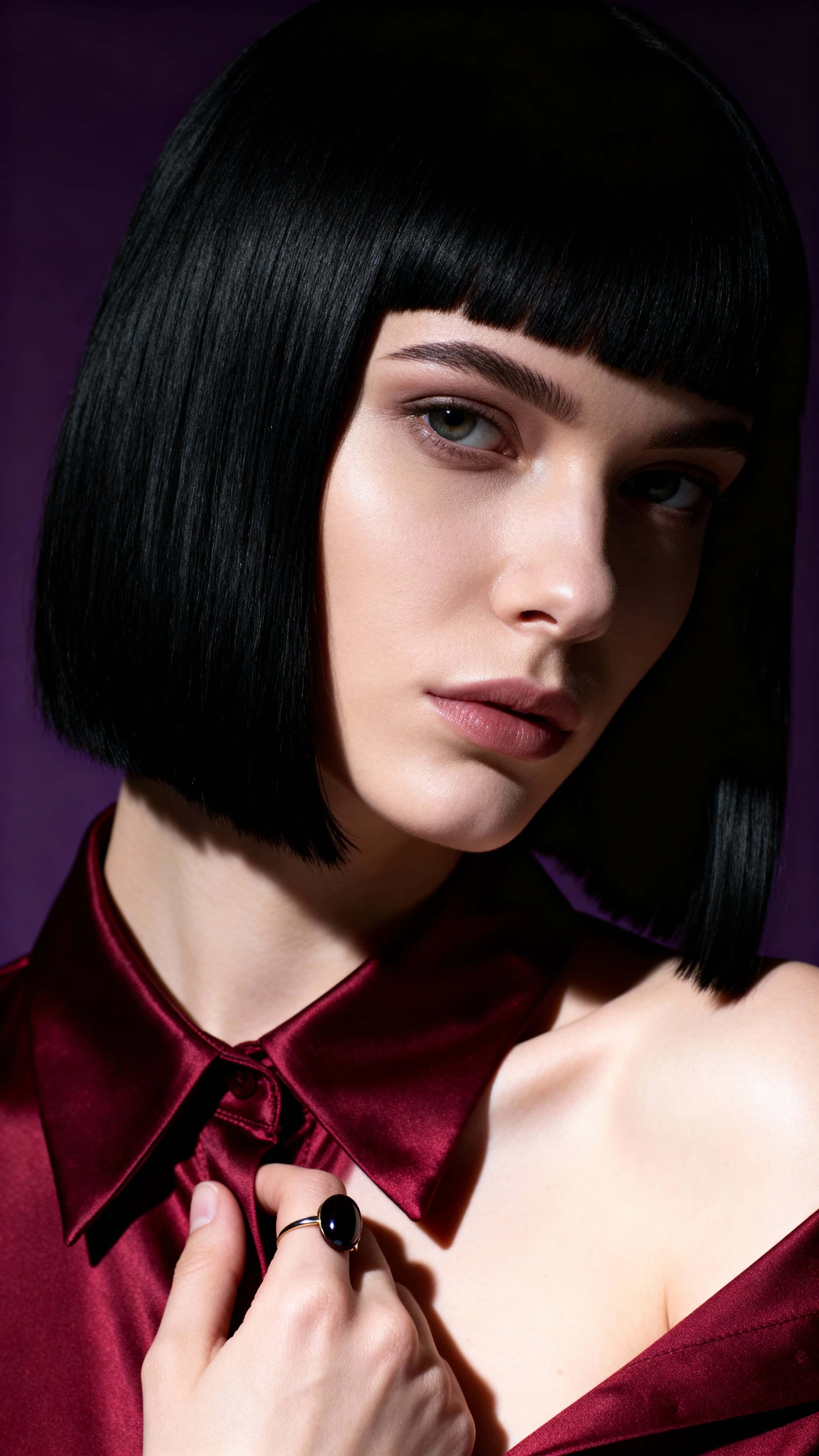 Close-up studio portrait of a 22-year-old Ukrainian woman with alabaster skin and a sharp black bob, turned to reveal a diagonal shoulder line while wearing a crimson satin blouse against an inky violet background.