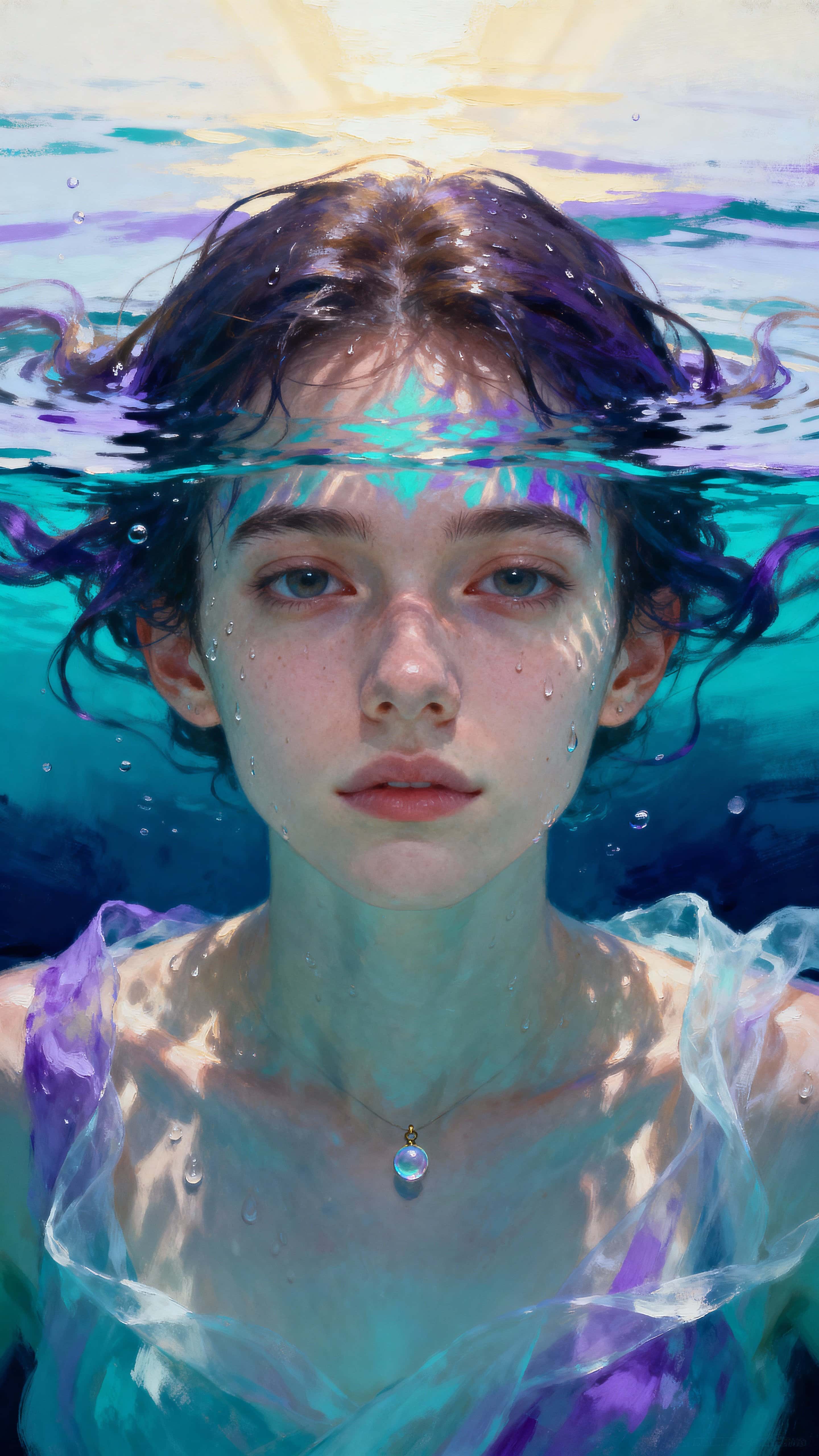 A portrait of a character fully submerged with eyes open, sun rays above casting soft patterns across the face while water glows turquoise and lilac in a vertical frame 9:16.