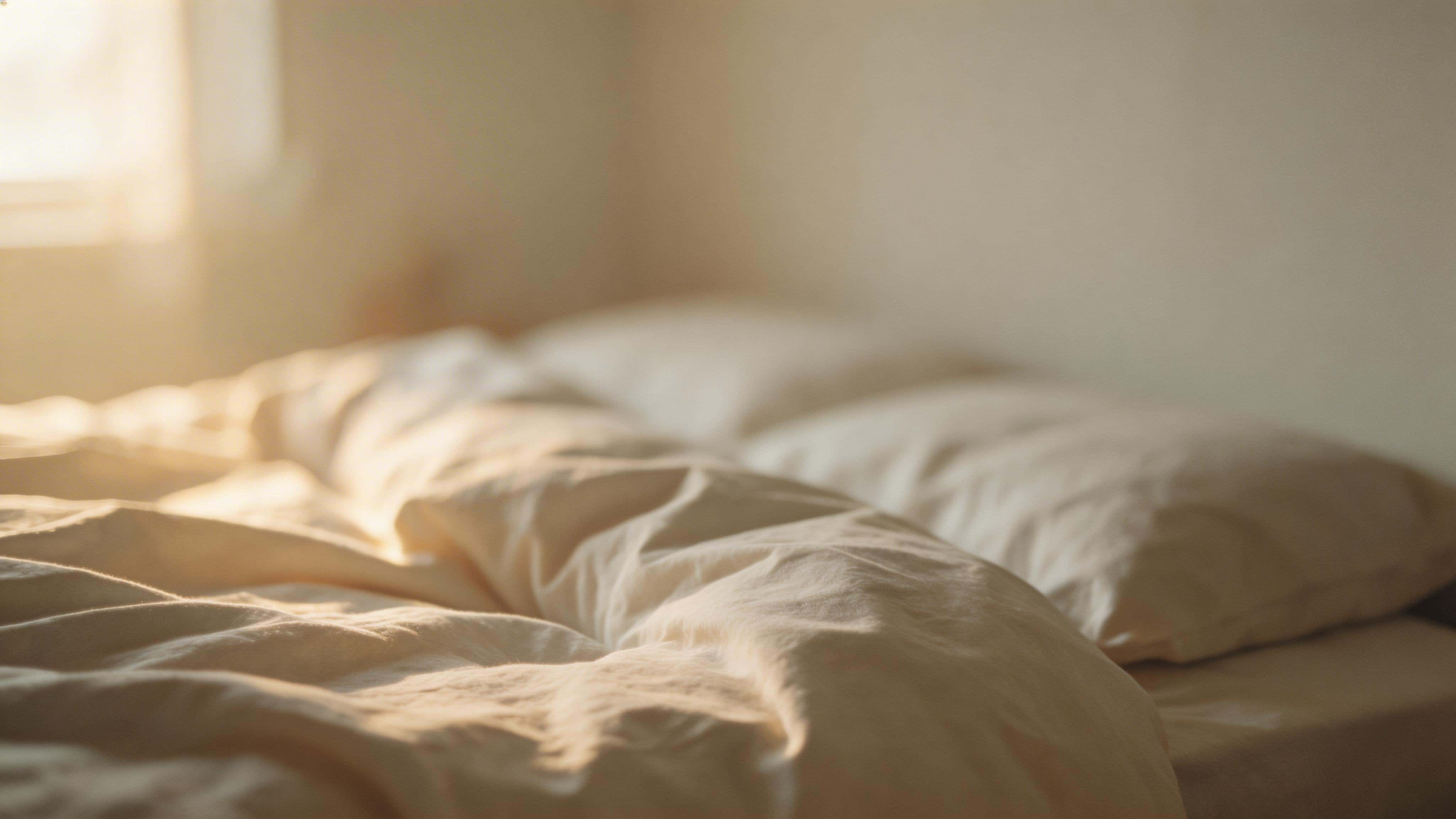 Widescreen editorial photo of an unmade bed in soft morning window light, rumpled sheets and quiet negative space conveying aftermath and muted, cinematic stillness.