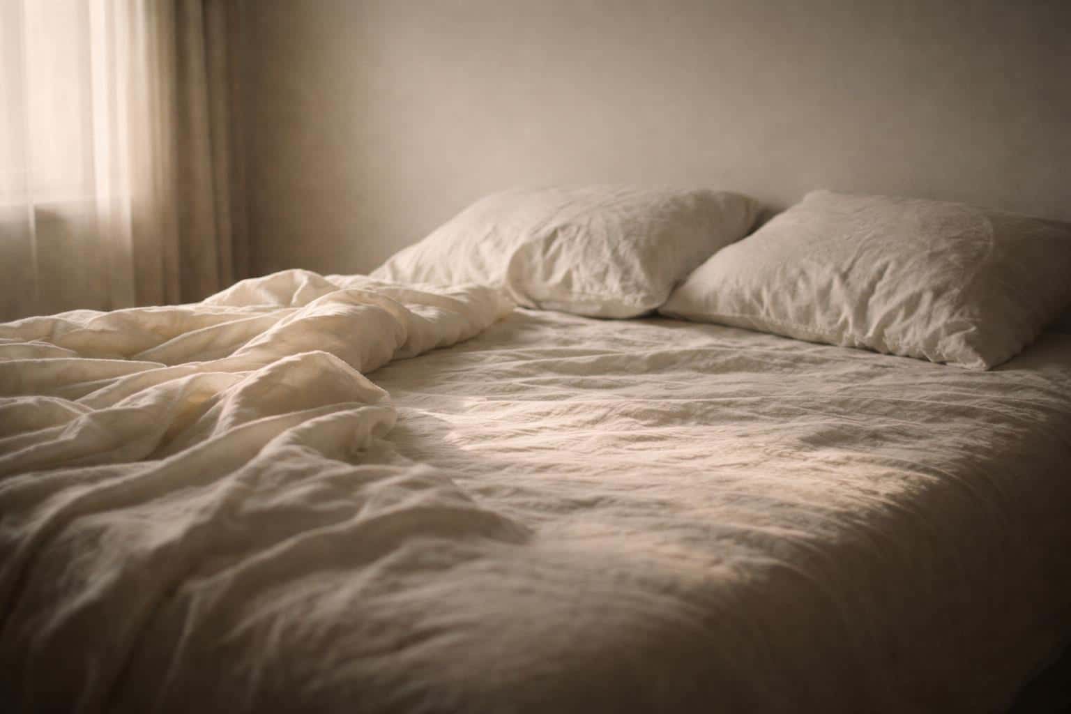 Quiet editorial 3:2 interior of an unmade bed bathed in warm, muted window light with rumpled sheets, film grain, soft haze, restrained palette, and generous negative space for icons.