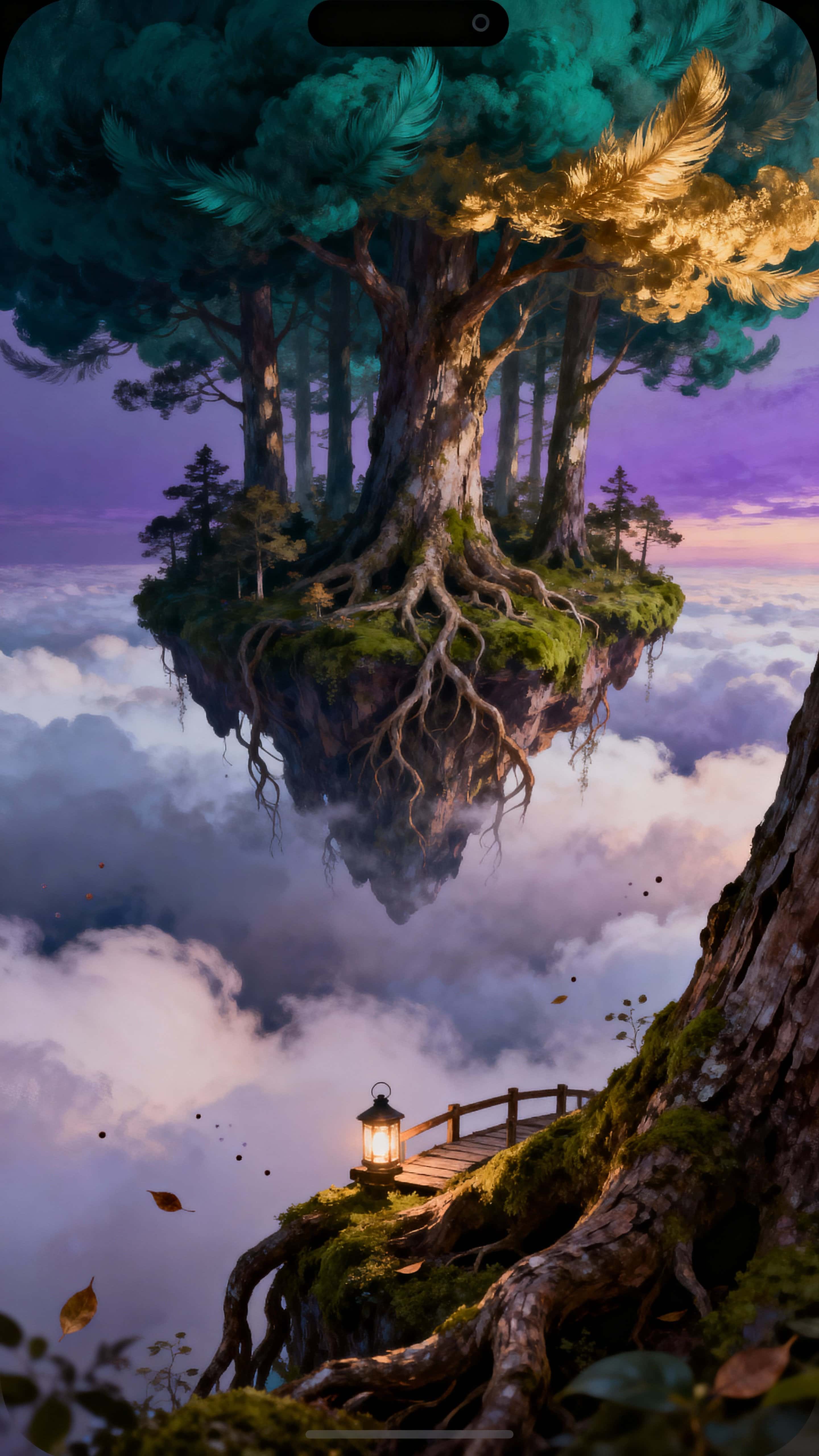 A vertical, surreal upside-down floating forest suspended over a soft cloudscape, lit with warm gold highlights and cool teal shadows to evoke quiet wonder and dreamlike calm.