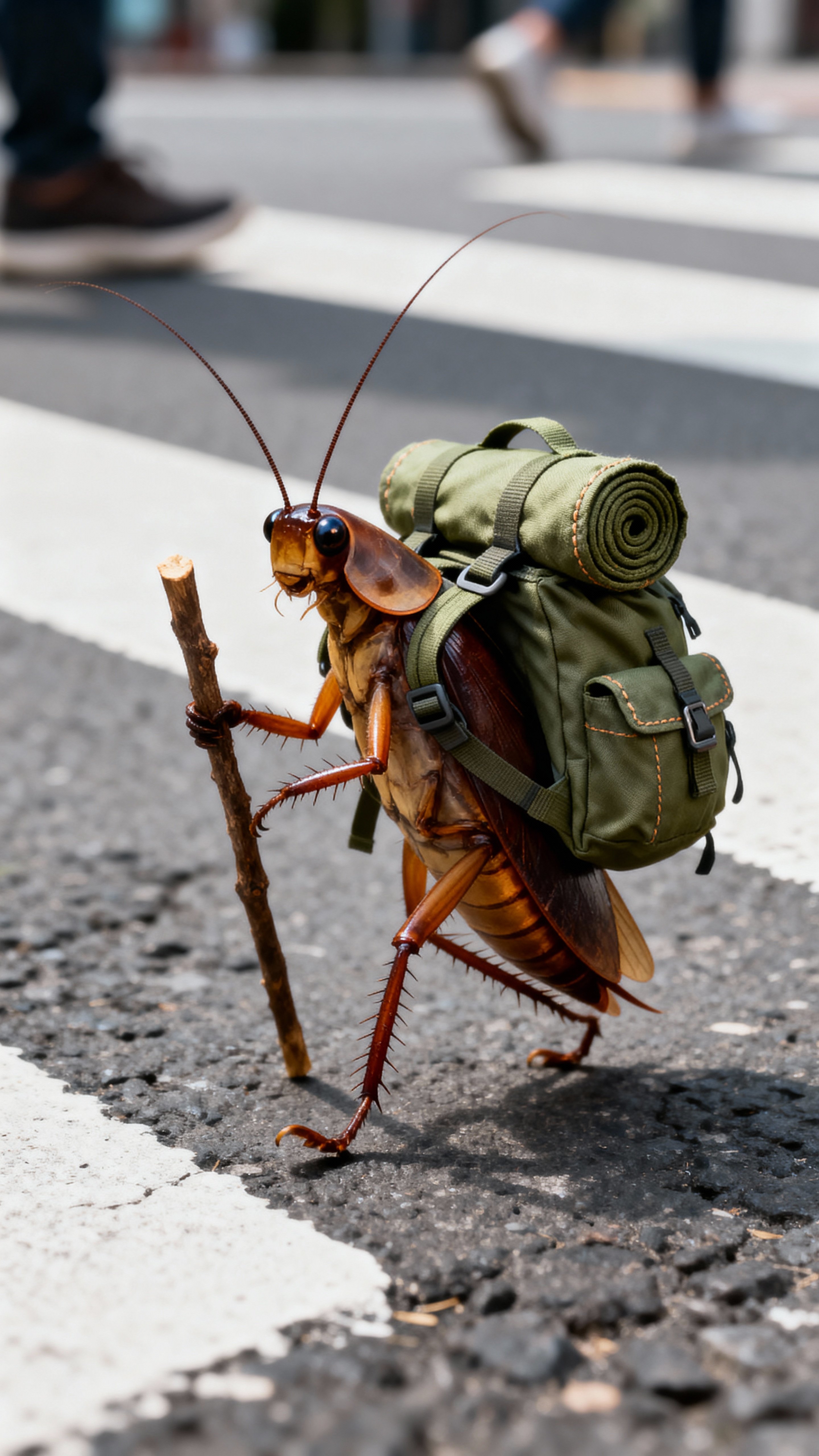 A hyper-detailed, high-resolution advertising-style macro photograph of a cockroach walking on city pavement carrying a camping backpack and a small stick. The backpack is constructed from fabric rolls with visible buckles and straps; muted