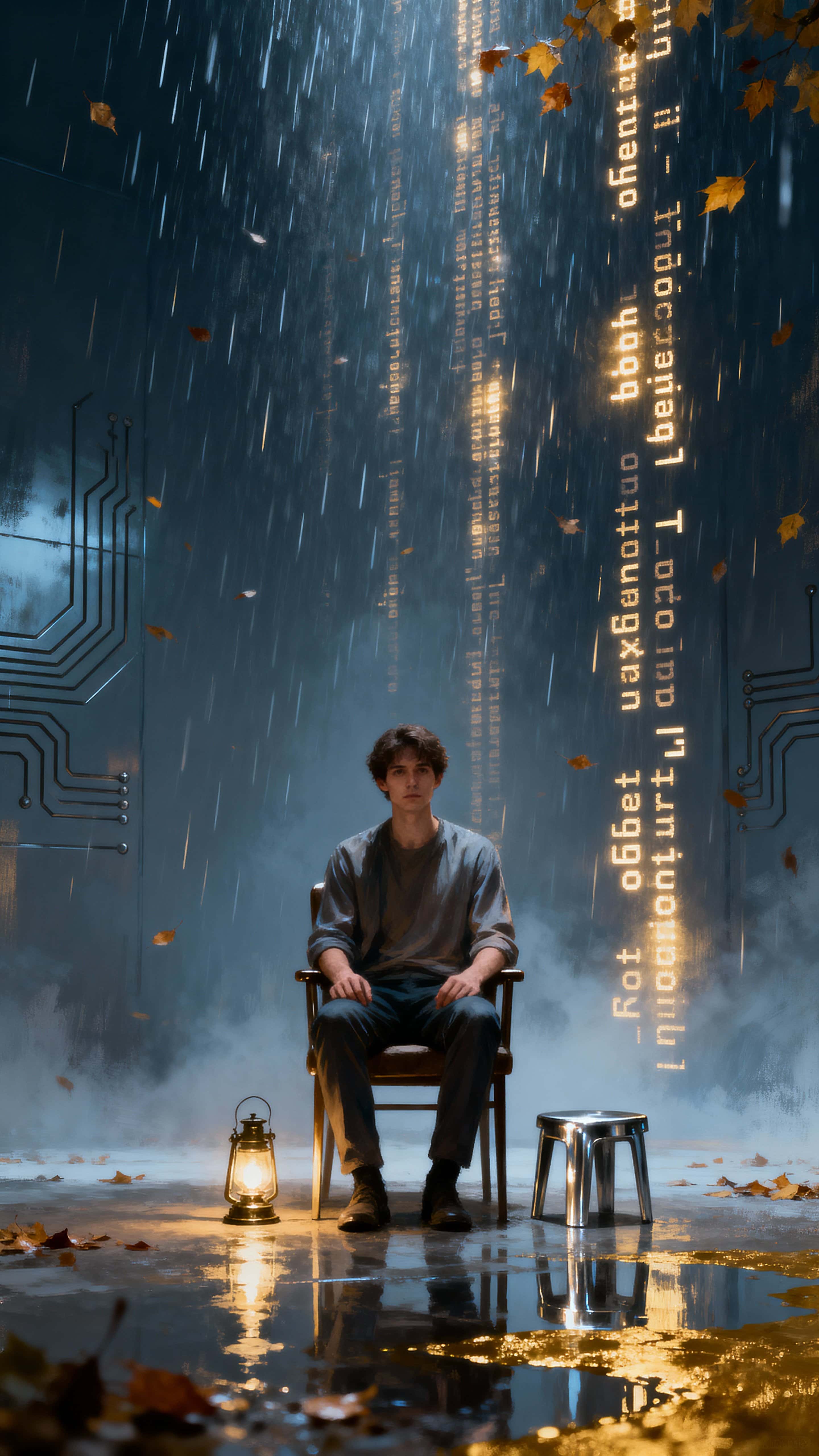 A person sits in a modern chair as luminous streams of code fall like rain and collect into a shimmering molten-gold pool on the floor, creating a quiet, surreal scene of contemplation and wonder.