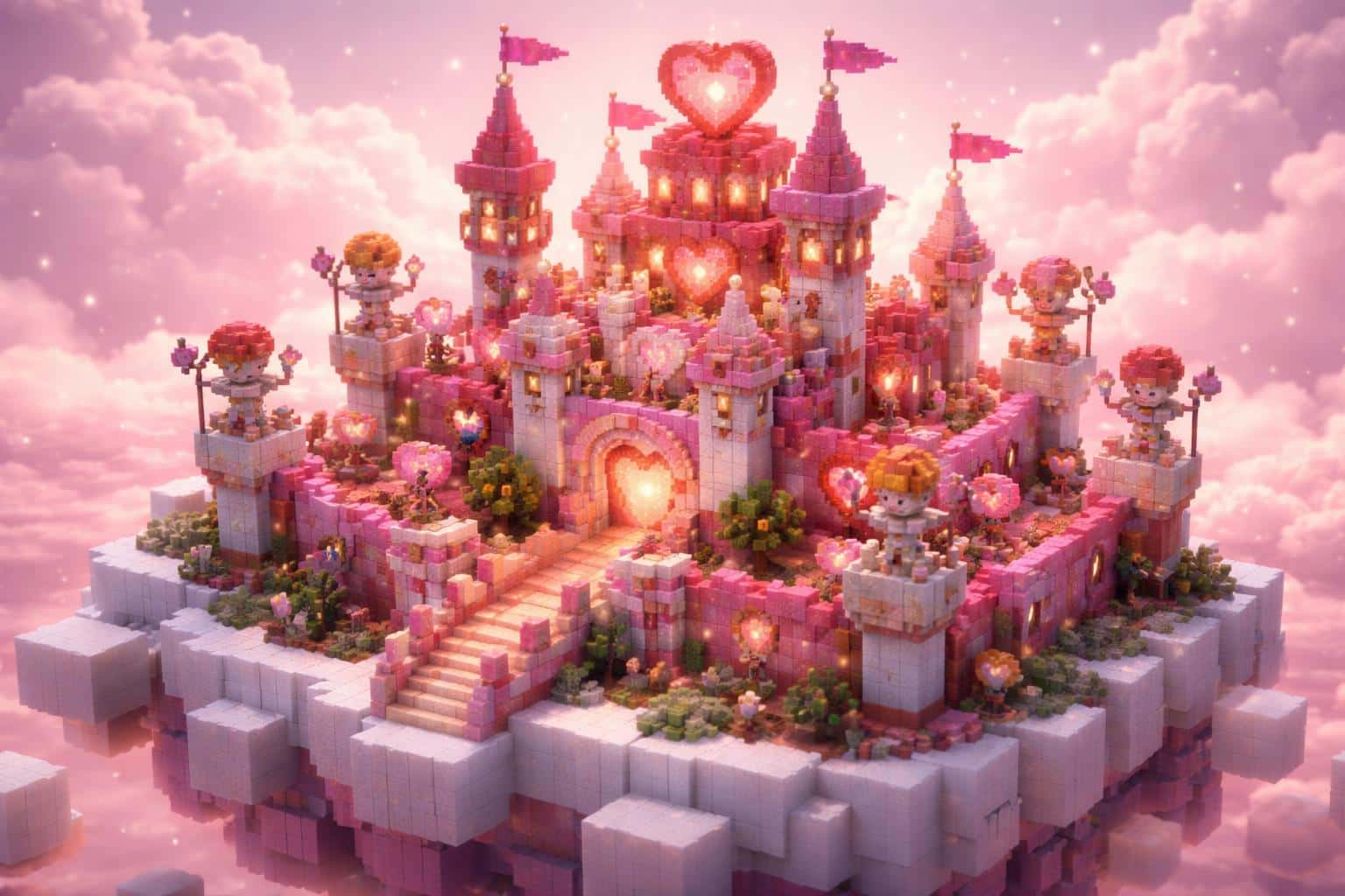 A whimsical high-detail 3:2 voxel scene of a Valentine's Castle on a floating sugar-cube island, with blocky cupid guards bearing heart-tipped spears in a soft pink atmosphere.
