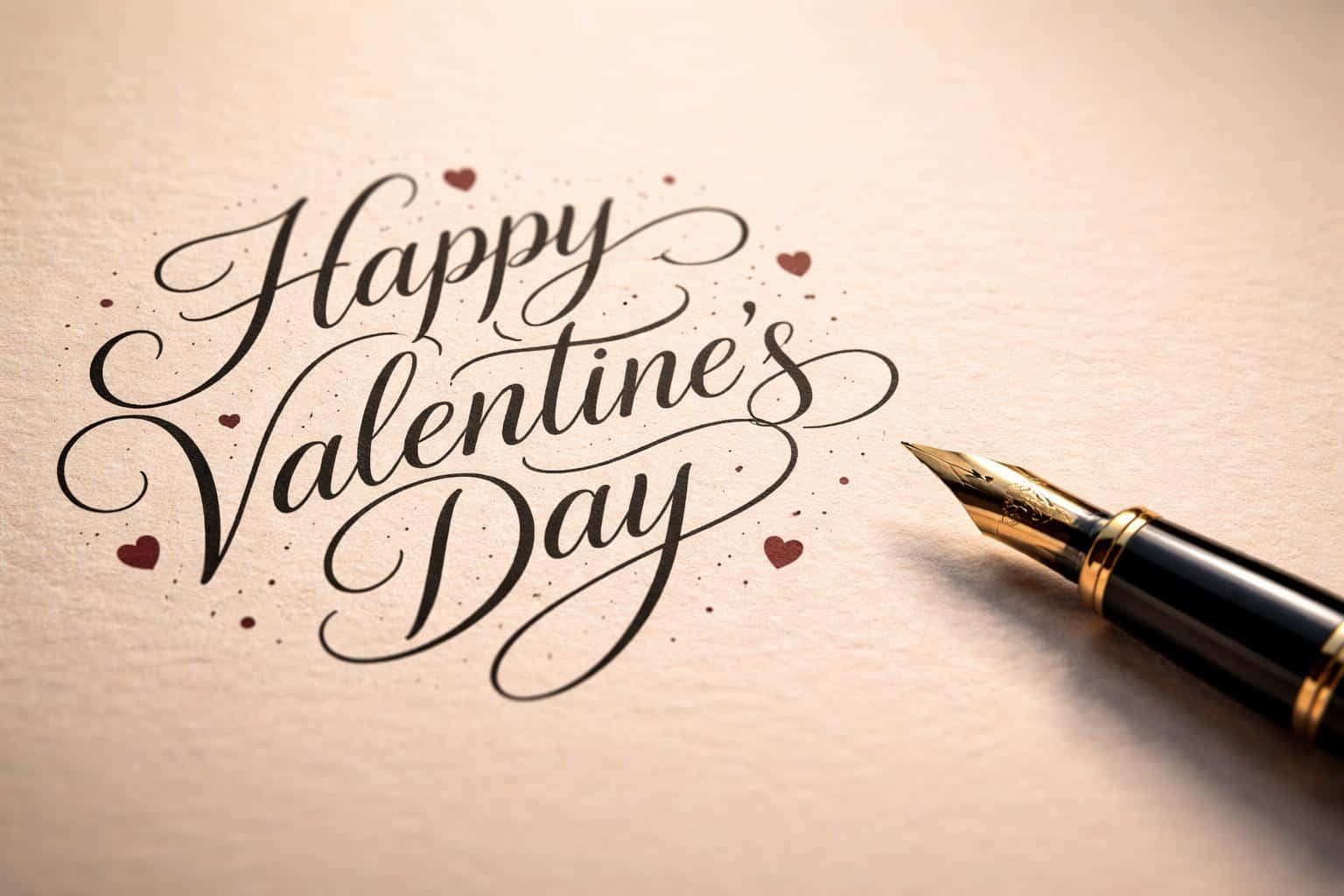 Close 3:2 macro photograph of flowing hand-lettered "Happy Valentine's Day" calligraphy occupying the left two-thirds with a polished fountain pen in the right foreground, warm beige paper, deep slate shadows, creamy bokeh, subtle texture, and burgundy heart accents.