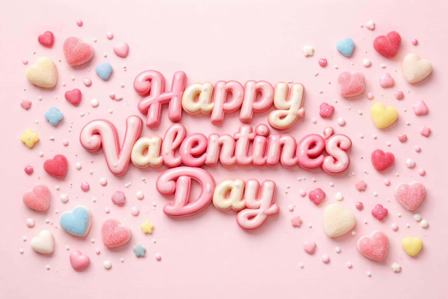 Close-up product-style photograph of 3D candy hearts forming a central 'Happy Valentines Day' typography, arranged on a pastel pink surface for a poster-cover composition.