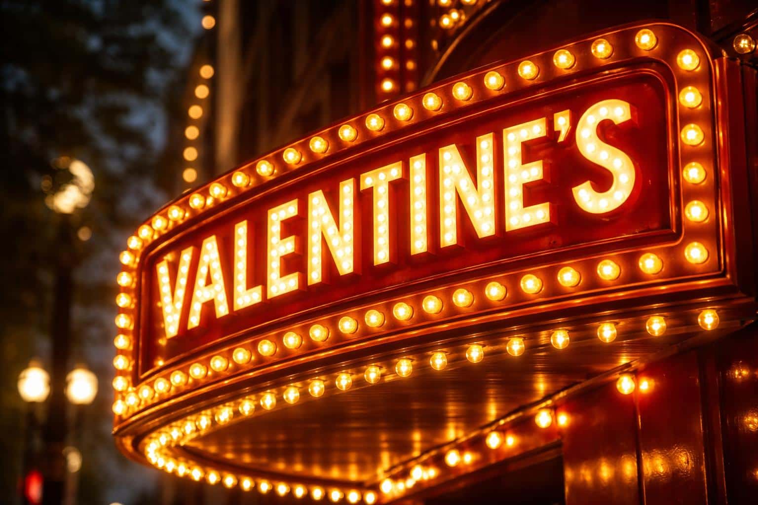 Close, low-angle street photograph of a lit Valentine’s marquee sign with warm bulbs and strong bokeh, framed for a 3:2 poster-cover crop to match the reference image.