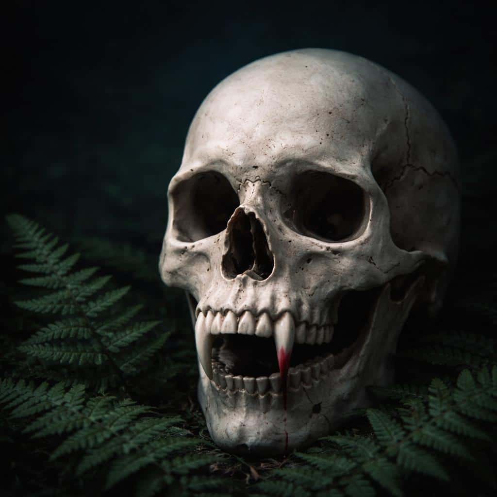 Close-up vampire skull in low-key fine-art photography with fern foreground and a vivid red pigment smeared on one fang, centered within a square composition for poster use.