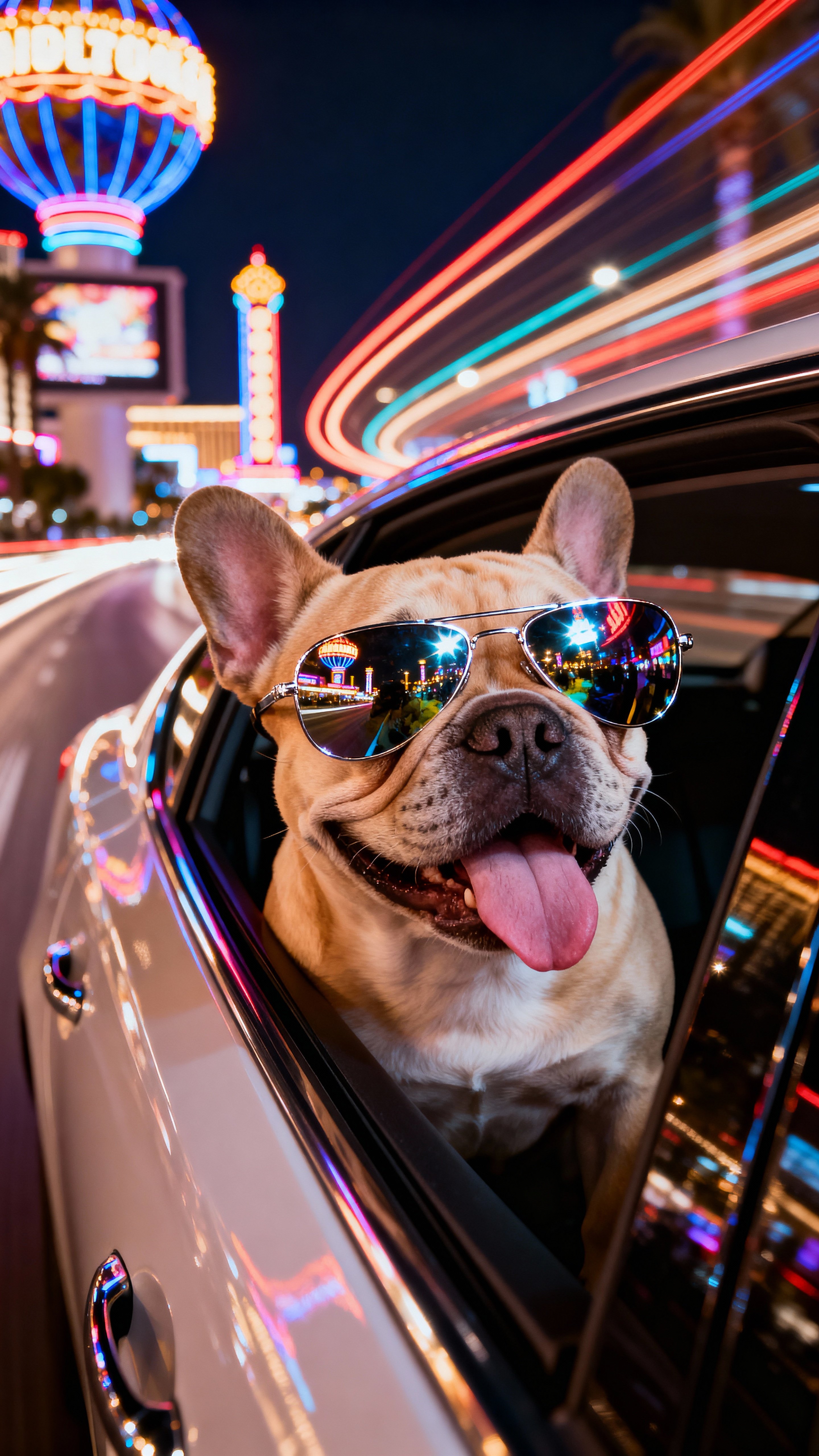 Ultra-photorealistic, hyper-detailed wide-angle cinematic portrait of a French Bulldog (fawn-colored) poking only her head out of a moving car window at night; body remains fully inside the car. The cheerful dog is the clear, softly lit中心of