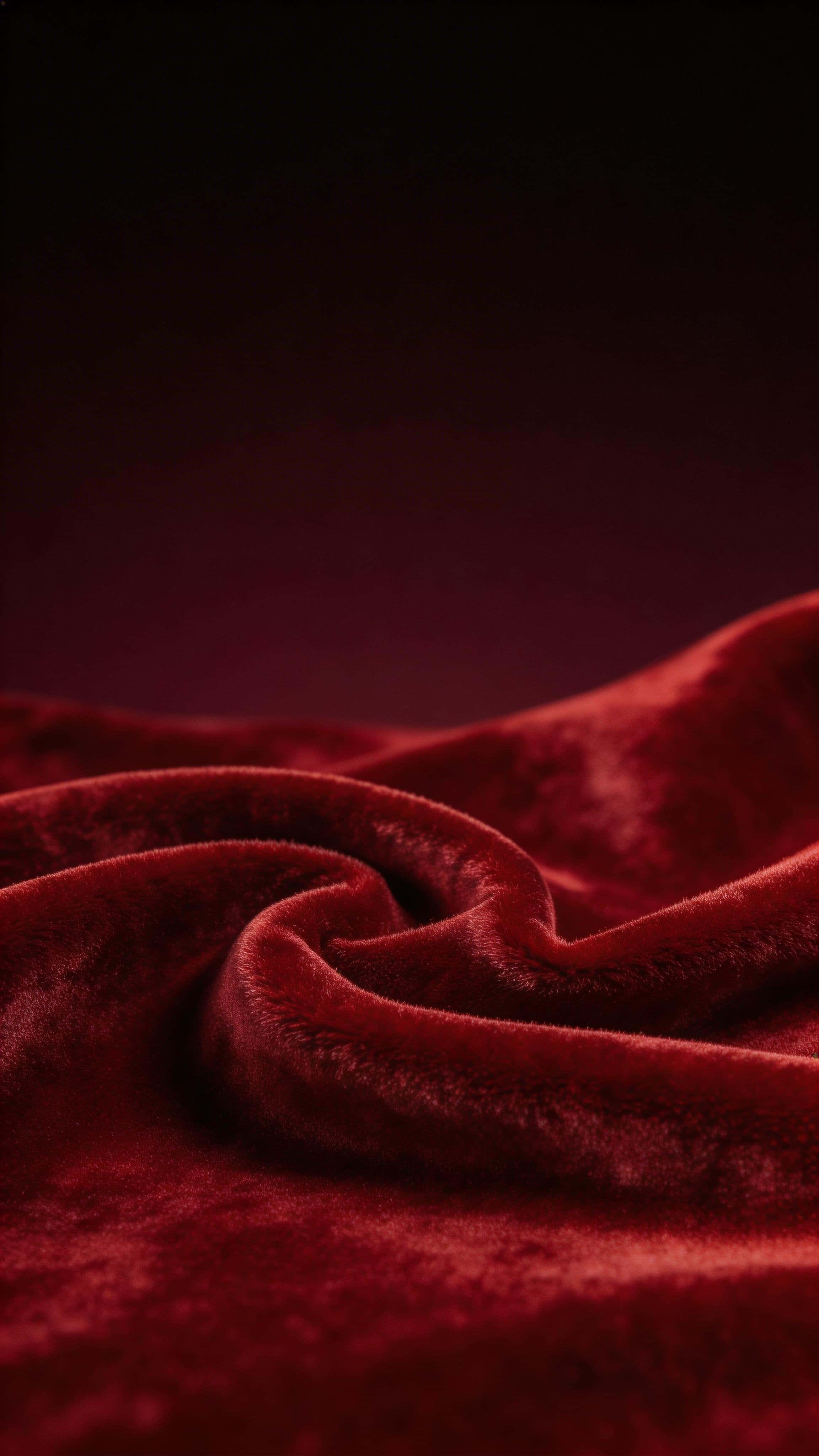 Macro 9:16 vertical wallpaper showing deep red velvet folds forming a gentle S-curve across the lower half, with soft raking light revealing texture and a clean dark gradient above.