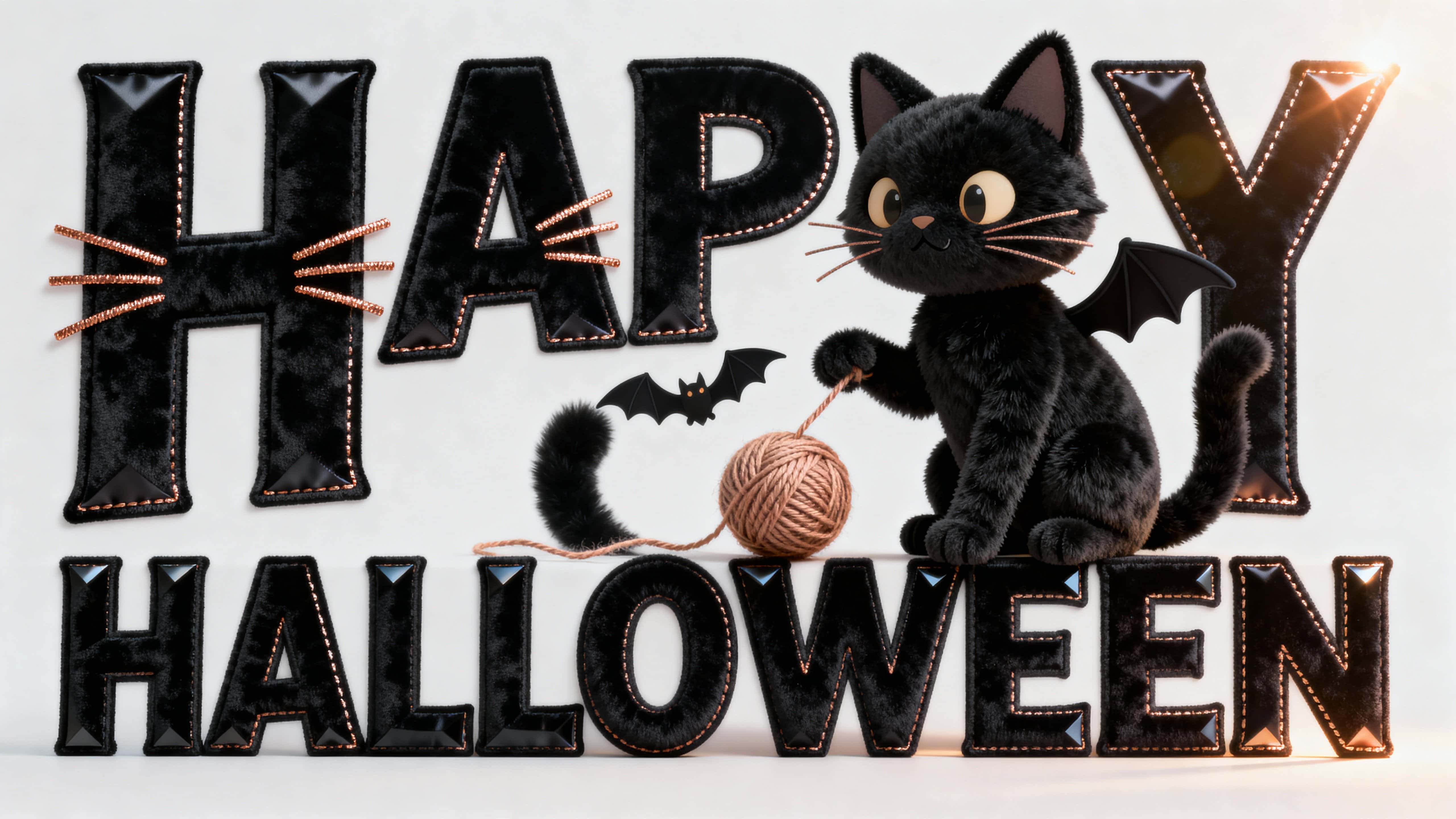 16:9 photo-quality 3D render of full-frame HAPPY HALLOWEEN in deep black velvet with copper-foil whiskers and satin piping; a chenille black cat bats a pumpkin-orange yarn ball, warm speculars, low haze.